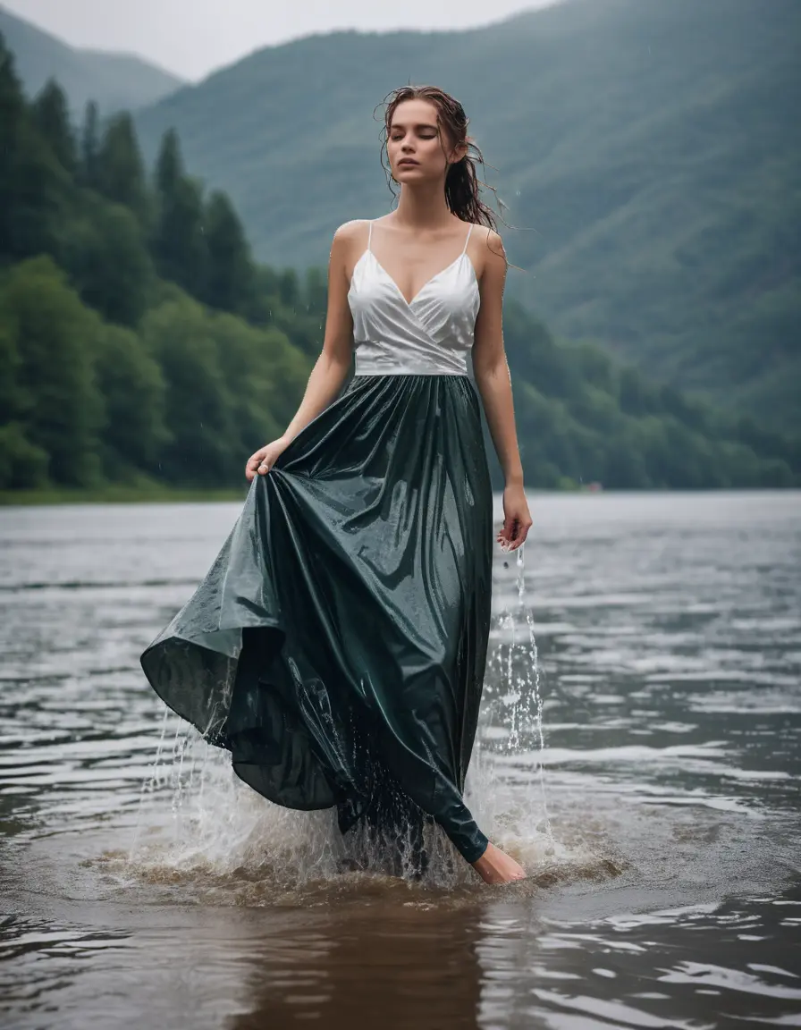 photo of young woman, in soaking wet, drenched clothes,
Satin pumps, long Satin ballgown, white tank-top, Clear Mountain Lake with heavy rain, 
enjoying, wet clothes stuck to body,
detailed textures of the wet clothes, wet face, wet plastered hair,
wet, drenched, professional, high-quality details, full body view.
sharp focus, ultra-high pixel detail, realistic, high-quality, full colors, incredibly detailed, 4k, 8k, 16k, hyper-realistic, RAW photo, masterpiece, ultra-detailed, professionally color graded, professional photograph