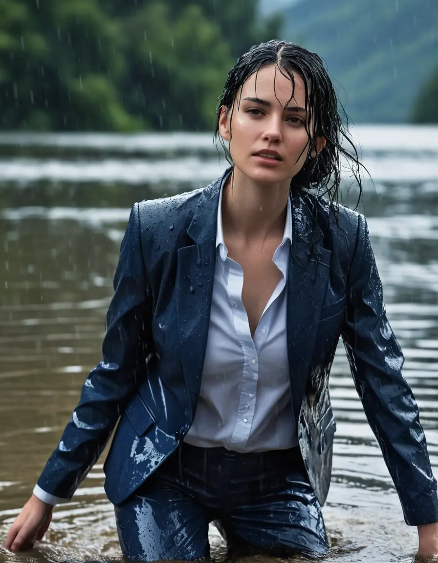 photo of young woman, in soaking wet, drenched clothes,
Dark Blue Business Trouser, Dark Blue Business Suit Jacket with light blue down long sleeve business Shirt, Clear Mountain Lake with heavy rain, 
enjoying, wet clothes stuck to body,
detailed textures of the wet clothes, wet face, wet plastered hair,
wet, drenched, professional, high-quality details, full body view.
sharp focus, ultra-high pixel detail, realistic, high-quality, full colors, incredibly detailed, 4k, 8k, 16k, hyper-realistic, RAW photo, masterpiece, ultra-detailed, professionally color graded, professional photograph, young white Black haired woman, completely soaked, fully drenched, completely wet, wetlook, heavy rain, side parting, open hair, long hair, rain storm