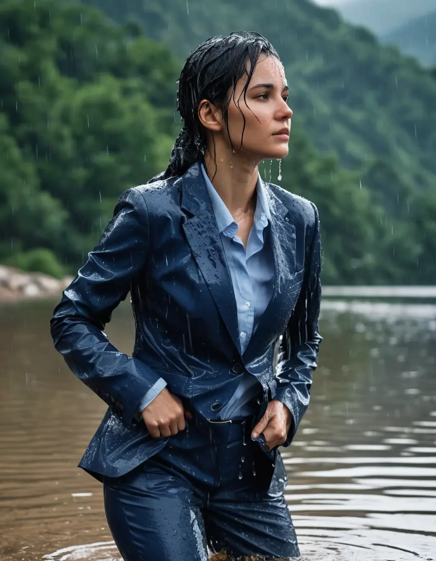 photo of young woman, in soaking wet, drenched clothes,
Dark Blue Business Trouser, Dark Blue Business Suit Jacket with light blue down long sleeve business Shirt, Clear Mountain Lake with heavy rain, 
enjoying, wet clothes stuck to body,
detailed textures of the wet clothes, wet face, wet plastered hair,
wet, drenched, professional, high-quality details, full body view.
sharp focus, ultra-high pixel detail, realistic, high-quality, full colors, incredibly detailed, 4k, 8k, 16k, hyper-realistic, RAW photo, masterpiece, ultra-detailed, professionally color graded, professional photograph, young white Black haired woman, completely soaked, fully drenched, completely wet, wetlook, heavy rain, side parting, open hair, long hair, rain storm