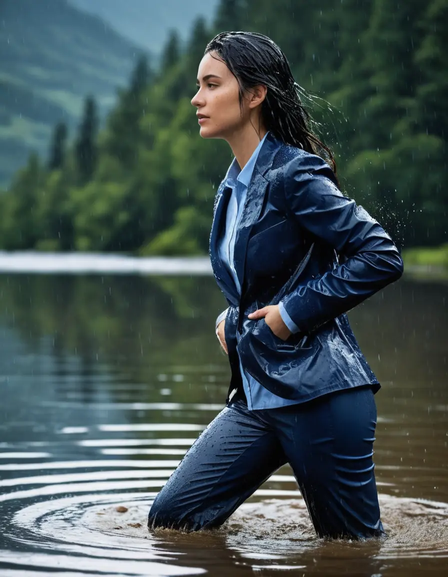 photo of young woman, in soaking wet, drenched clothes,
Dark Blue Business Trouser, Dark Blue Business Suit Jacket with light blue down long sleeve business Shirt, Clear Mountain Lake with heavy rain, 
enjoying, wet clothes stuck to body,
detailed textures of the wet clothes, wet face, wet plastered hair,
wet, drenched, professional, high-quality details, full body view.
sharp focus, ultra-high pixel detail, realistic, high-quality, full colors, incredibly detailed, 4k, 8k, 16k, hyper-realistic, RAW photo, masterpiece, ultra-detailed, professionally color graded, professional photograph, young white Black haired woman, completely soaked, fully drenched, completely wet, wetlook, heavy rain, side parting, open hair, long hair, rain storm