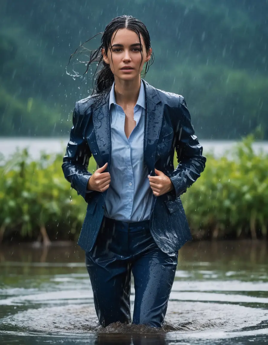 photo of young woman, in soaking wet, drenched clothes,
Dark Blue Business Trouser, Dark Blue Business Suit Jacket with light blue down long sleeve business Shirt, Clear Mountain Lake with heavy rain, 
enjoying, wet clothes stuck to body,
detailed textures of the wet clothes, wet face, wet plastered hair,
wet, drenched, professional, high-quality details, full body view.
sharp focus, ultra-high pixel detail, realistic, high-quality, full colors, incredibly detailed, 4k, 8k, 16k, hyper-realistic, RAW photo, masterpiece, ultra-detailed, professionally color graded, professional photograph, young white Black haired woman, completely soaked, fully drenched, completely wet, wetlook, heavy rain, side parting, open hair, long hair, rain storm