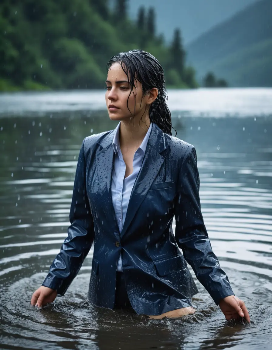 photo of young woman, in soaking wet, drenched clothes,
Dark Blue Business Trouser, Dark Blue Business Suit Jacket with light blue down long sleeve business Shirt, Clear Mountain Lake with heavy rain, 
enjoying, wet clothes stuck to body,
detailed textures of the wet clothes, wet face, wet plastered hair,
wet, drenched, professional, high-quality details, full body view.
sharp focus, ultra-high pixel detail, realistic, high-quality, full colors, incredibly detailed, 4k, 8k, 16k, hyper-realistic, RAW photo, masterpiece, ultra-detailed, professionally color graded, professional photograph, young white Black haired woman, completely soaked, fully drenched, completely wet, wetlook, heavy rain, side parting, open hair, long hair, rain storm