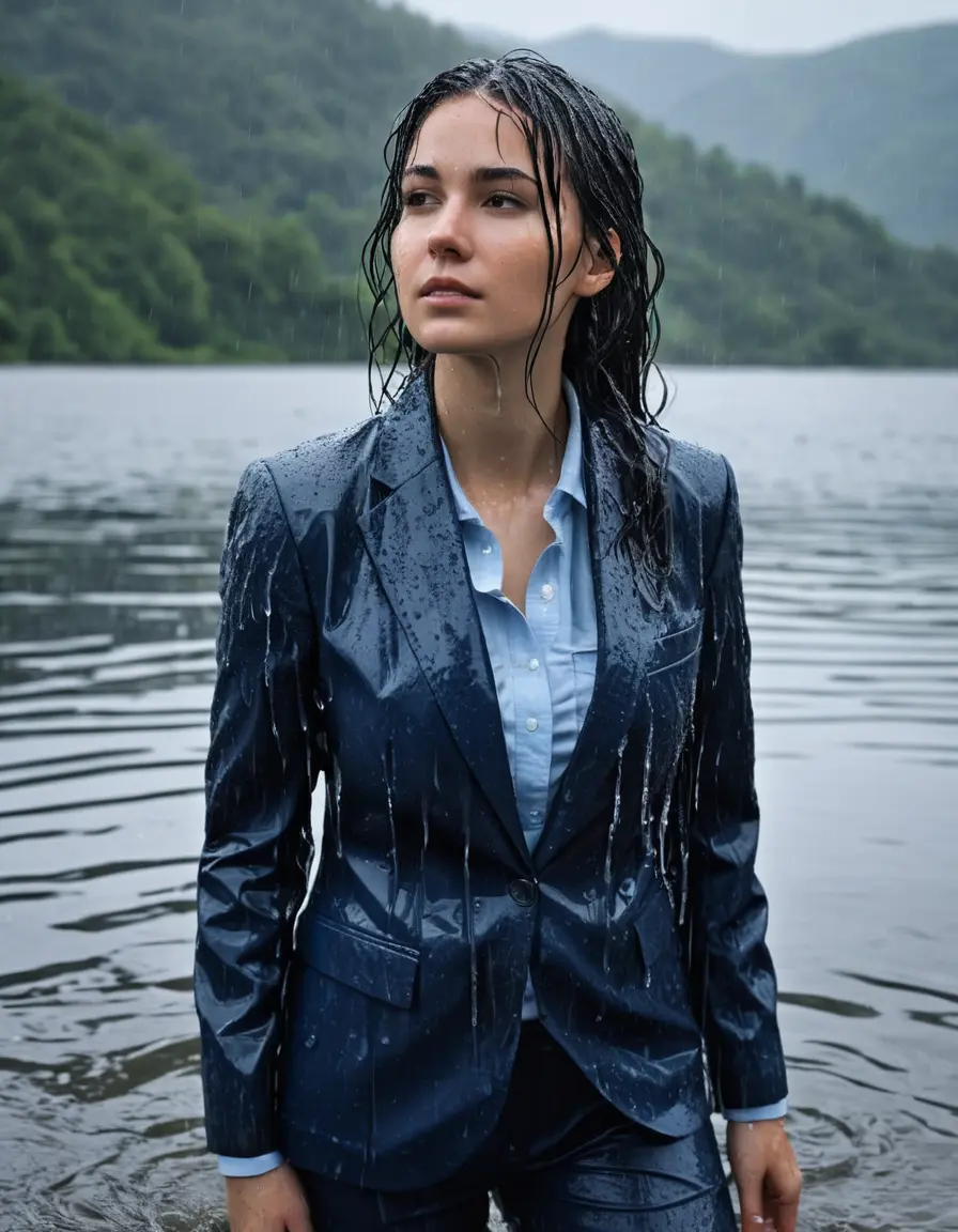 photo of young woman, in soaking wet, drenched clothes,
Dark Blue Business Trouser, Dark Blue Business Suit Jacket with light blue down long sleeve business Shirt, Clear Mountain Lake with heavy rain, 
enjoying, wet clothes stuck to body,
detailed textures of the wet clothes, wet face, wet plastered hair,
wet, drenched, professional, high-quality details, full body view.
sharp focus, ultra-high pixel detail, realistic, high-quality, full colors, incredibly detailed, 4k, 8k, 16k, hyper-realistic, RAW photo, masterpiece, ultra-detailed, professionally color graded, professional photograph, young white Black haired woman, completely soaked, fully drenched, completely wet, wetlook, heavy rain, side parting, open hair, long hair, rain storm