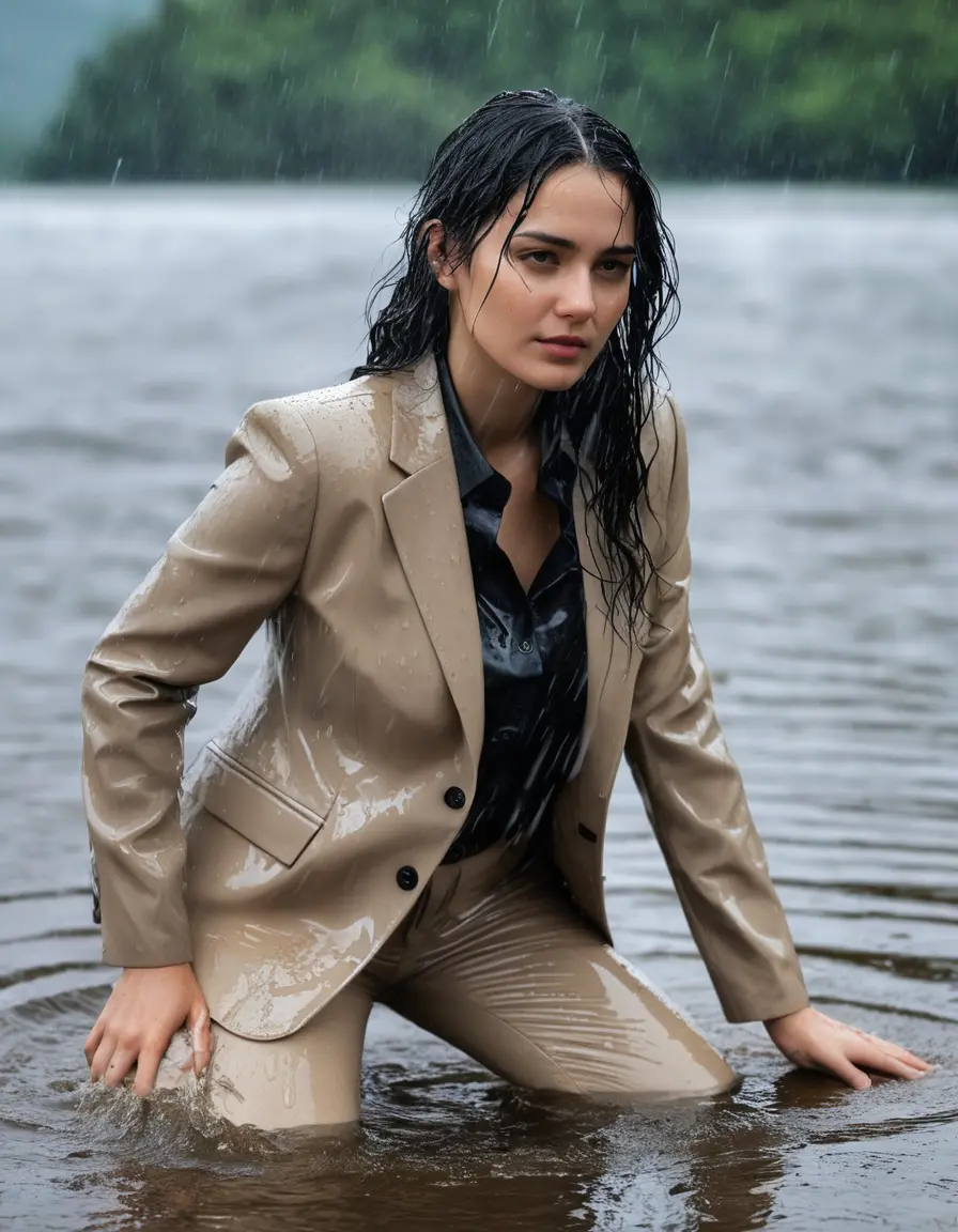 photo of young woman, in soaking wet, drenched clothes,
Beige Business Trouser, Beige Business Suit Jacket with black button down long sleeve business Shirt, Clear Mountain Lake with heavy rain, 
enjoying, wet clothes stuck to body,
detailed textures of the wet clothes, wet face, wet plastered hair,
wet, drenched, professional, high-quality details, full body view.
sharp focus, ultra-high pixel detail, realistic, high-quality, full colors, incredibly detailed, 4k, 8k, 16k, hyper-realistic, RAW photo, masterpiece, ultra-detailed, professionally color graded, professional photograph, young white Black haired woman, completely soaked, fully drenched, completely wet, wetlook, heavy rain, side parting, open hair, long hair, rain storm