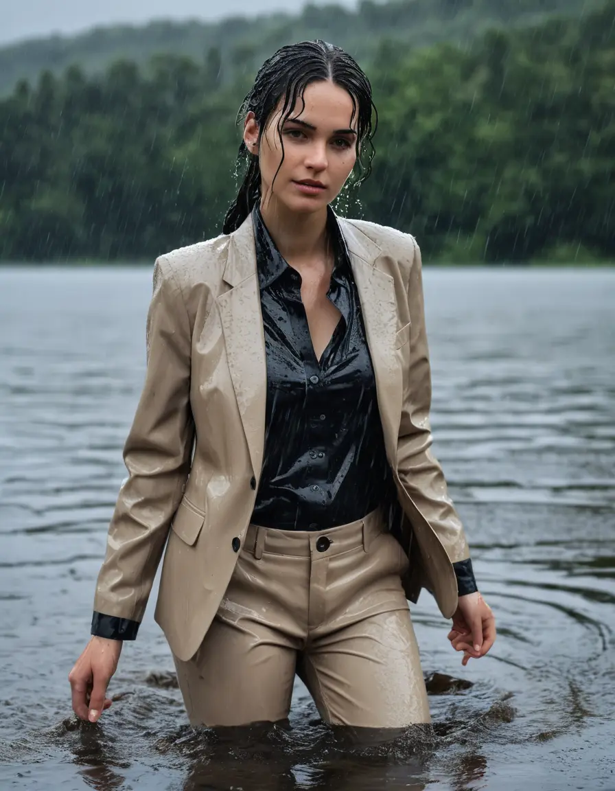 photo of young woman, in soaking wet, drenched clothes,
Beige Business Trouser, Beige Business Suit Jacket with black button down long sleeve business Shirt, Clear Mountain Lake with heavy rain, 
enjoying, wet clothes stuck to body,
detailed textures of the wet clothes, wet face, wet plastered hair,
wet, drenched, professional, high-quality details, full body view.
sharp focus, ultra-high pixel detail, realistic, high-quality, full colors, incredibly detailed, 4k, 8k, 16k, hyper-realistic, RAW photo, masterpiece, ultra-detailed, professionally color graded, professional photograph, young white Black haired woman, completely soaked, fully drenched, completely wet, wetlook, heavy rain, side parting, open hair, long hair, rain storm