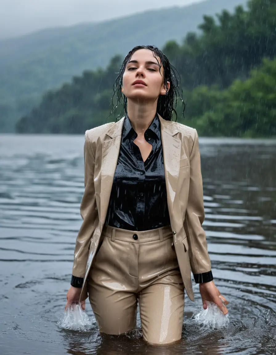 photo of young woman, in soaking wet, drenched clothes,
Beige Business Trouser, Beige Business Suit Jacket with black button down long sleeve business Shirt, Clear Mountain Lake with heavy rain, 
enjoying, wet clothes stuck to body,
detailed textures of the wet clothes, wet face, wet plastered hair,
wet, drenched, professional, high-quality details, full body view.
sharp focus, ultra-high pixel detail, realistic, high-quality, full colors, incredibly detailed, 4k, 8k, 16k, hyper-realistic, RAW photo, masterpiece, ultra-detailed, professionally color graded, professional photograph, young white Black haired woman, completely soaked, fully drenched, completely wet, wetlook, heavy rain, side parting, open hair, long hair, rain storm