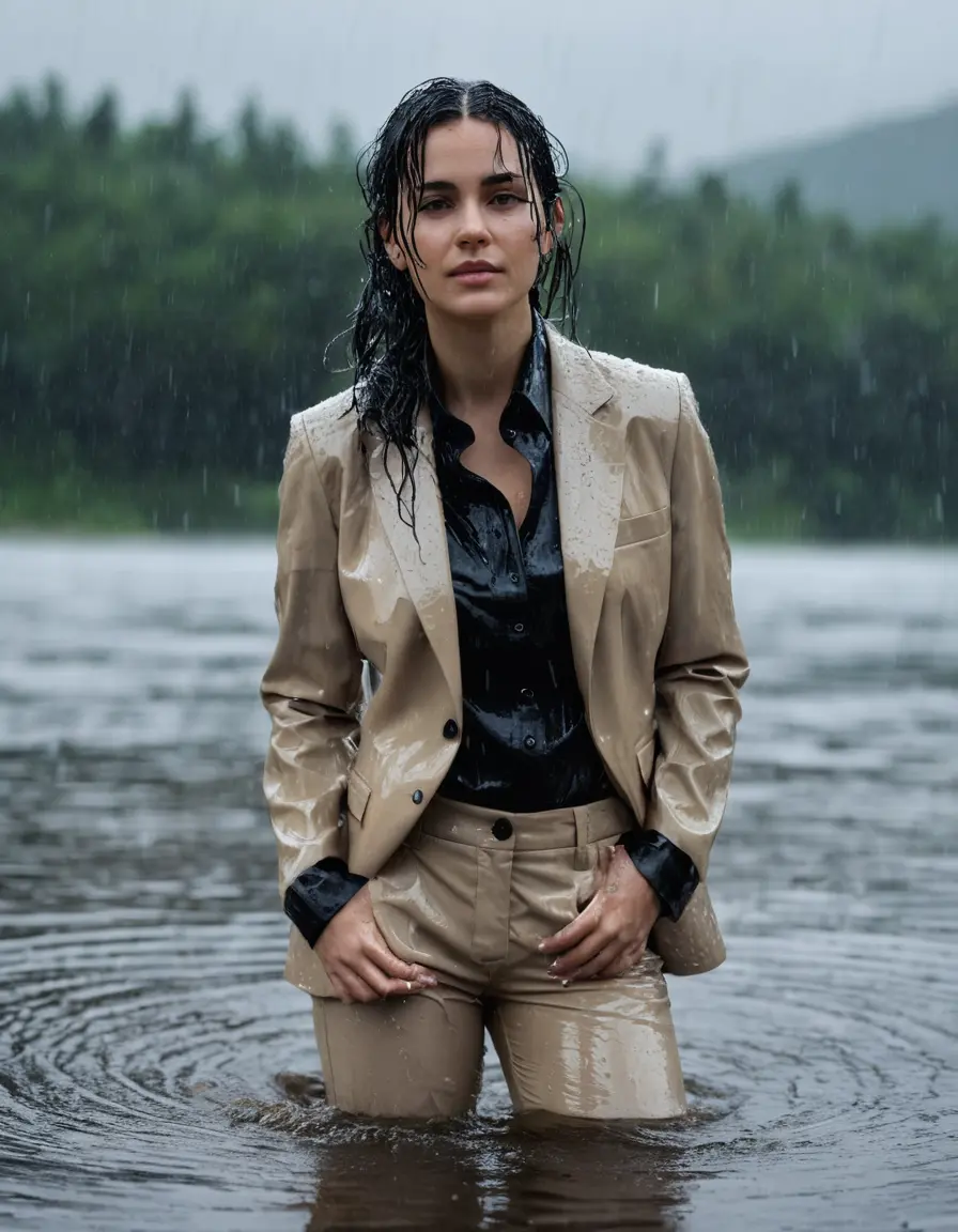 photo of young woman, in soaking wet, drenched clothes,
Beige Business Trouser, Beige Business Suit Jacket with black button down long sleeve business Shirt, Clear Mountain Lake with heavy rain, 
enjoying, wet clothes stuck to body,
detailed textures of the wet clothes, wet face, wet plastered hair,
wet, drenched, professional, high-quality details, full body view.
sharp focus, ultra-high pixel detail, realistic, high-quality, full colors, incredibly detailed, 4k, 8k, 16k, hyper-realistic, RAW photo, masterpiece, ultra-detailed, professionally color graded, professional photograph, young white Black haired woman, completely soaked, fully drenched, completely wet, wetlook, heavy rain, side parting, open hair, long hair, rain storm