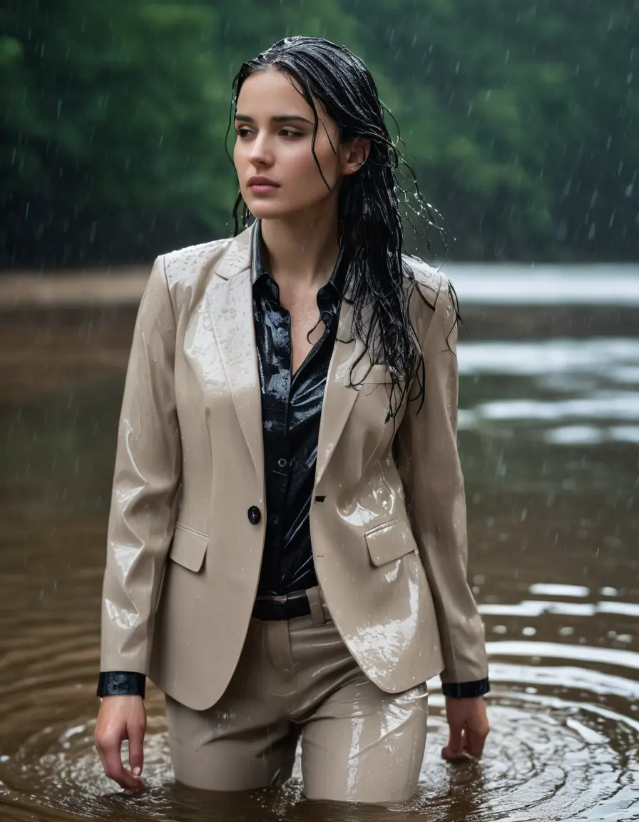 photo of young woman, in soaking wet, drenched clothes,
Beige Business Trouser, Beige Business Suit Jacket with black button down long sleeve business Shirt, Clear Mountain Lake with heavy rain, 
enjoying, wet clothes stuck to body,
detailed textures of the wet clothes, wet face, wet plastered hair,
wet, drenched, professional, high-quality details, full body view.
sharp focus, ultra-high pixel detail, realistic, high-quality, full colors, incredibly detailed, 4k, 8k, 16k, hyper-realistic, RAW photo, masterpiece, ultra-detailed, professionally color graded, professional photograph, young white Black haired woman, completely soaked, fully drenched, completely wet, wetlook, heavy rain, side parting, open hair, long hair, rain storm