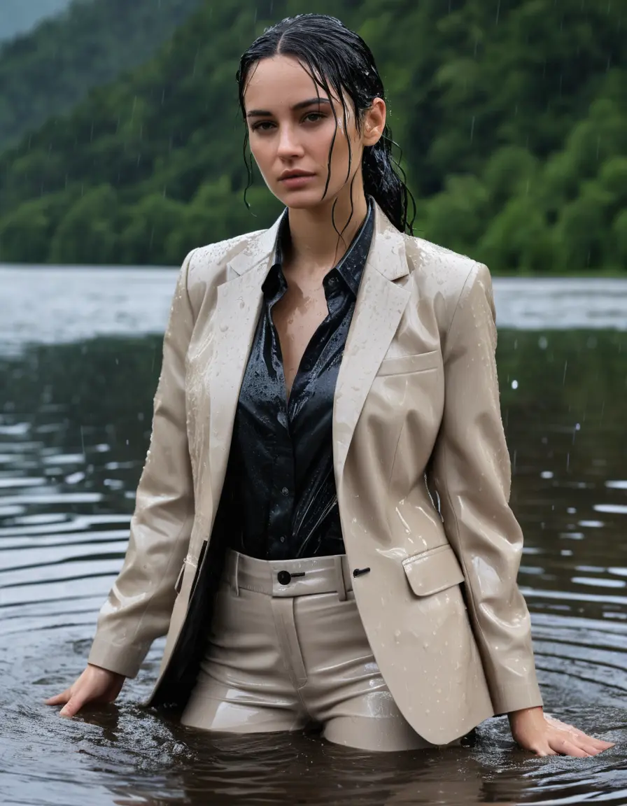 photo of young woman, in soaking wet, drenched clothes,
Beige Business Trouser, Beige Business Suit Jacket with black button down long sleeve business Shirt, Clear Mountain Lake with heavy rain, 
enjoying, wet clothes stuck to body,
detailed textures of the wet clothes, wet face, wet plastered hair,
wet, drenched, professional, high-quality details, full body view.
sharp focus, ultra-high pixel detail, realistic, high-quality, full colors, incredibly detailed, 4k, 8k, 16k, hyper-realistic, RAW photo, masterpiece, ultra-detailed, professionally color graded, professional photograph, young white Black haired woman, completely soaked, fully drenched, completely wet, wetlook, heavy rain, side parting, open hair, long hair, rain storm