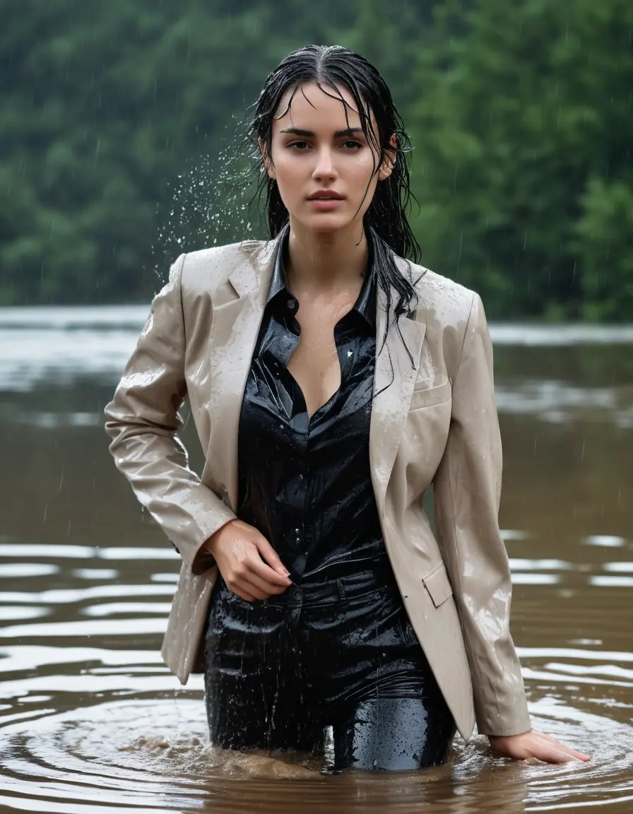 photo of young woman, in soaking wet, drenched clothes,
Beige Business Trouser, Beige Business Suit Jacket with black button down long sleeve business Shirt, Clear Mountain Lake with heavy rain, 
enjoying, wet clothes stuck to body,
detailed textures of the wet clothes, wet face, wet plastered hair,
wet, drenched, professional, high-quality details, full body view.
sharp focus, ultra-high pixel detail, realistic, high-quality, full colors, incredibly detailed, 4k, 8k, 16k, hyper-realistic, RAW photo, masterpiece, ultra-detailed, professionally color graded, professional photograph, young white Black haired woman, completely soaked, fully drenched, completely wet, wetlook, heavy rain, side parting, open hair, long hair, rain storm