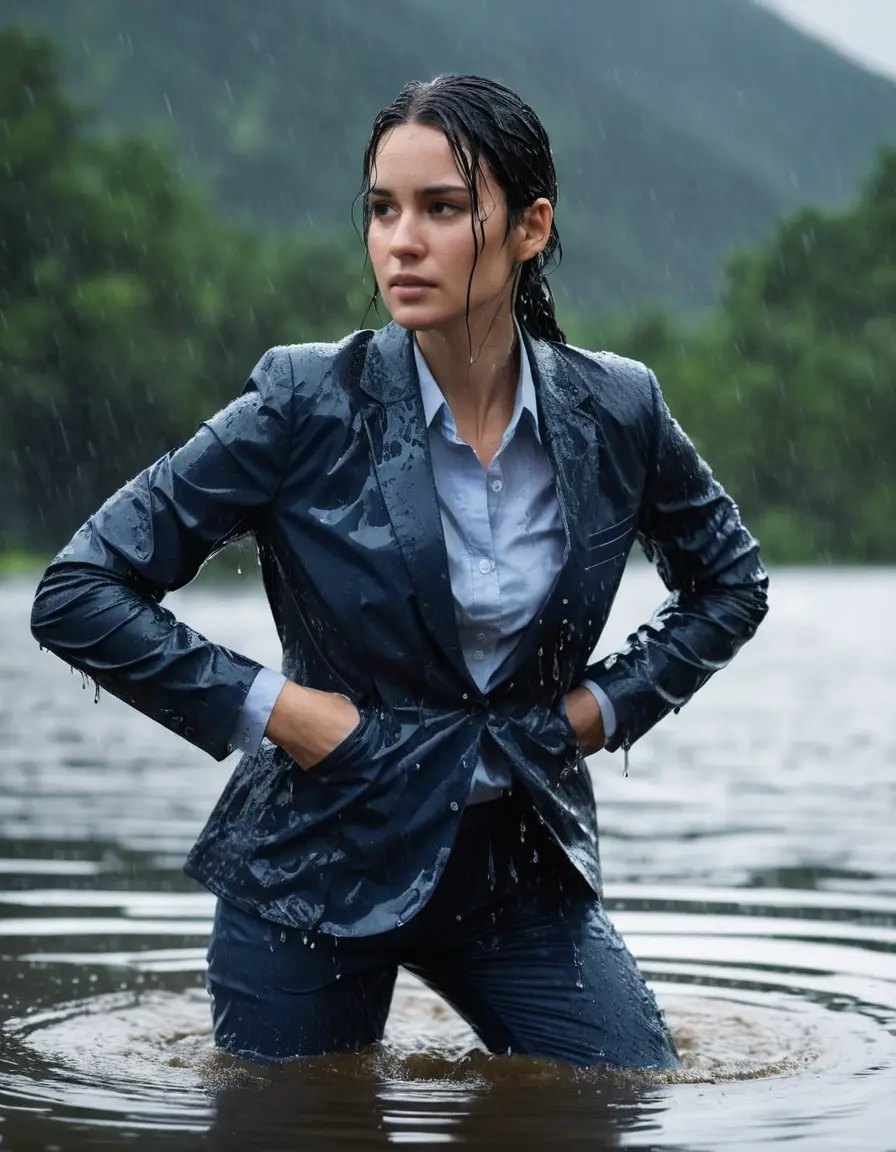 photo of young woman, in soaking wet, drenched clothes,
Dark Blue Business Trouser, Dark Blue Business Suit Jacket with light blue down long sleeve business Shirt, Clear Mountain Lake with heavy rain, 
enjoying, wet clothes stuck to body,
detailed textures of the wet clothes, wet face, wet plastered hair,
wet, drenched, professional, high-quality details, full body view.
sharp focus, ultra-high pixel detail, realistic, high-quality, full colors, incredibly detailed, 4k, 8k, 16k, hyper-realistic, RAW photo, masterpiece, ultra-detailed, professionally color graded, professional photograph, young white Black haired woman, completely soaked, fully drenched, completely wet, wetlook, heavy rain, side parting, open hair, long hair, rain storm