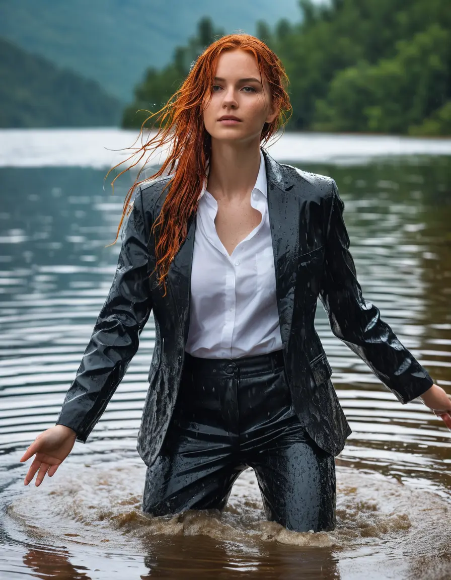 photo of young woman, in soaking wet, drenched clothes,
Black Business Trouser, Black Business Suit Jacket with white down long sleeve business Shirt, Clear Mountain Lake with heavy rain, 
enjoying, wet clothes stuck to body,
detailed textures of the wet clothes, wet face, wet plastered hair,
wet, drenched, professional, high-quality details, full body view.
sharp focus, ultra-high pixel detail, realistic, high-quality, full colors, incredibly detailed, 4k, 8k, 16k, hyper-realistic, RAW photo, masterpiece, ultra-detailed, professionally color graded, professional photograph, young white red haired beautiful woman, completely soaked, fully drenched, completely wet, wetlook, heavy rain, side parting, open hair, long hair, rain storm