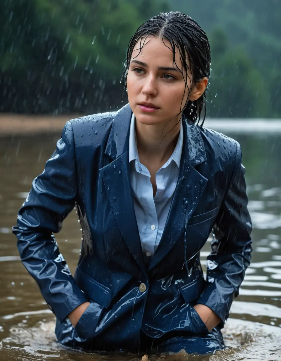 photo of young woman, in soaking wet, drenched clothes,
Dark Blue Business Trouser, Dark Blue Business Suit Jacket with light blue down long sleeve business Shirt, Clear Mountain Lake with heavy rain, 
enjoying, wet clothes stuck to body,
detailed textures of the wet clothes, wet face, wet plastered hair,
wet, drenched, professional, high-quality details, full body view.
sharp focus, ultra-high pixel detail, realistic, high-quality, full colors, incredibly detailed, 4k, 8k, 16k, hyper-realistic, RAW photo, masterpiece, ultra-detailed, professionally color graded, professional photograph, young white Black haired woman, completely soaked, fully drenched, completely wet, wetlook, heavy rain, side parting, open hair, long hair, rain storm