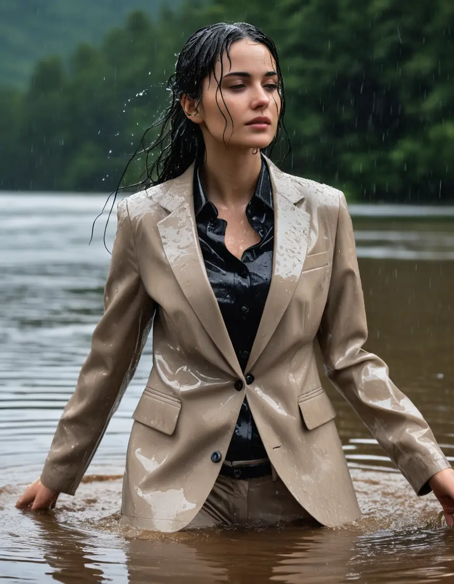 photo of young woman, in soaking wet, drenched clothes,
Beige Business Trouser, Beige Business Suit Jacket with black button down long sleeve business Shirt, Clear Mountain Lake with heavy rain, 
enjoying, wet clothes stuck to body,
detailed textures of the wet clothes, wet face, wet plastered hair,
wet, drenched, professional, high-quality details, full body view.
sharp focus, ultra-high pixel detail, realistic, high-quality, full colors, incredibly detailed, 4k, 8k, 16k, hyper-realistic, RAW photo, masterpiece, ultra-detailed, professionally color graded, professional photograph, young white Black haired woman, completely soaked, fully drenched, completely wet, wetlook, heavy rain, side parting, open hair, long hair, rain storm