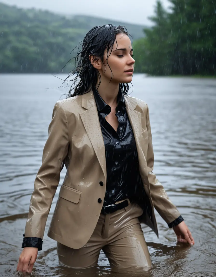 photo of young woman, in soaking wet, drenched clothes,
Beige Business Trouser, Beige Business Suit Jacket with black button down long sleeve business Shirt, Clear Mountain Lake with heavy rain, 
enjoying, wet clothes stuck to body,
detailed textures of the wet clothes, wet face, wet plastered hair,
wet, drenched, professional, high-quality details, full body view.
sharp focus, ultra-high pixel detail, realistic, high-quality, full colors, incredibly detailed, 4k, 8k, 16k, hyper-realistic, RAW photo, masterpiece, ultra-detailed, professionally color graded, professional photograph, young white Black haired woman, completely soaked, fully drenched, completely wet, wetlook, heavy rain, side parting, open hair, long hair, rain storm