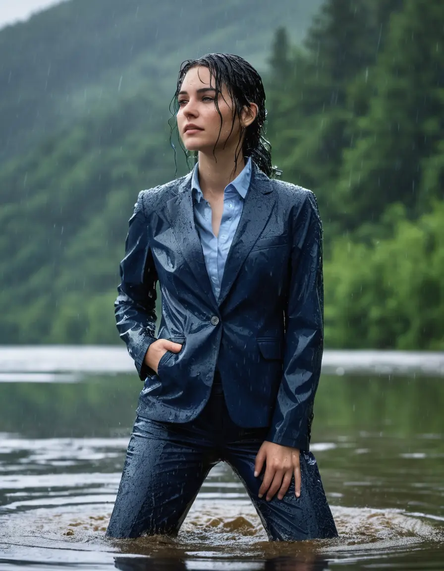 photo of young woman, in soaking wet, drenched clothes,
Dark Blue Business Trouser, Dark Blue Business Suit Jacket with light blue down long sleeve business Shirt, Clear Mountain Lake with heavy rain, 
enjoying, wet clothes stuck to body,
detailed textures of the wet clothes, wet face, wet plastered hair,
wet, drenched, professional, high-quality details, full body view.
sharp focus, ultra-high pixel detail, realistic, high-quality, full colors, incredibly detailed, 4k, 8k, 16k, hyper-realistic, RAW photo, masterpiece, ultra-detailed, professionally color graded, professional photograph, young white Black haired woman, completely soaked, fully drenched, completely wet, wetlook, heavy rain, side parting, open hair, long hair, rain storm