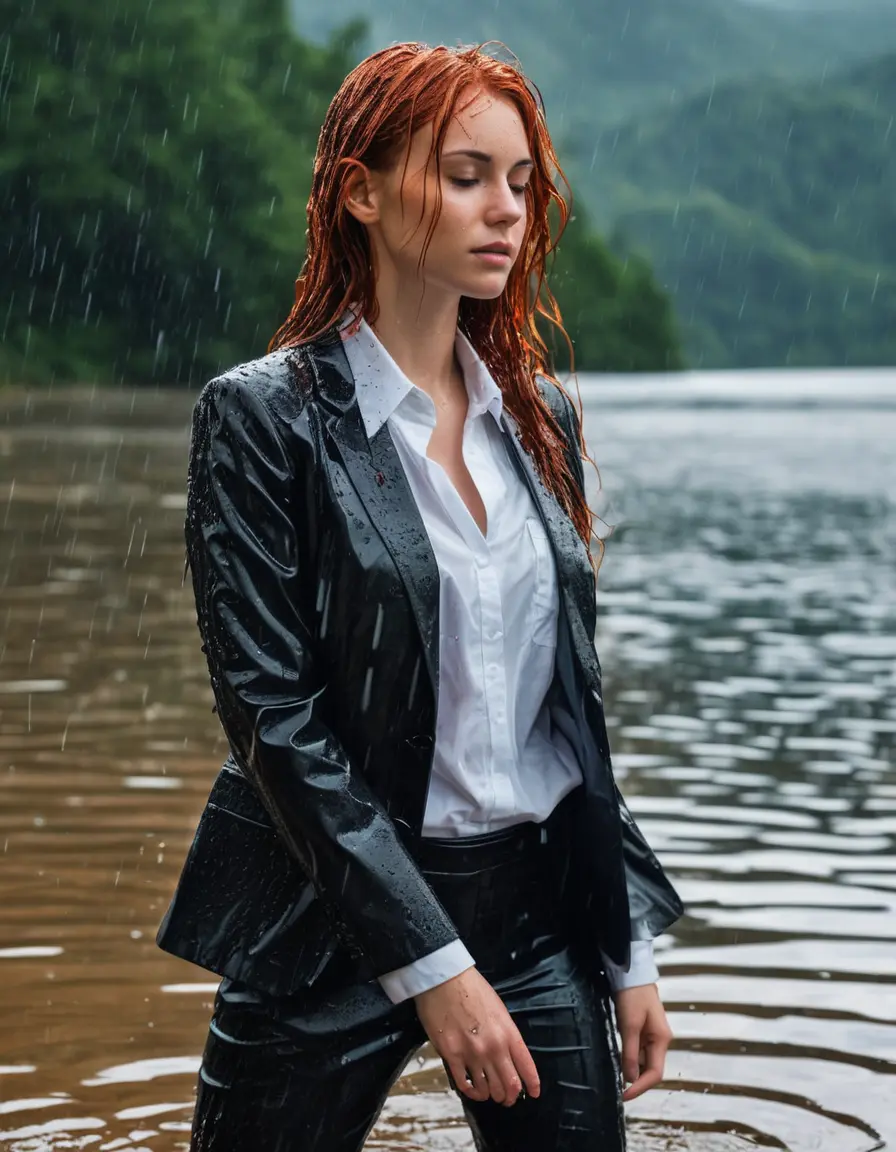 photo of young woman, in soaking wet, drenched clothes,
Black Business Trouser, Black Business Suit Jacket with white down long sleeve business Shirt, Clear Mountain Lake with heavy rain, 
enjoying, wet clothes stuck to body,
detailed textures of the wet clothes, wet face, wet plastered hair,
wet, drenched, professional, high-quality details, full body view.
sharp focus, ultra-high pixel detail, realistic, high-quality, full colors, incredibly detailed, 4k, 8k, 16k, hyper-realistic, RAW photo, masterpiece, ultra-detailed, professionally color graded, professional photograph, young white red haired beautiful woman, completely soaked, fully drenched, completely wet, wetlook, heavy rain, side parting, open hair, long hair, rain storm