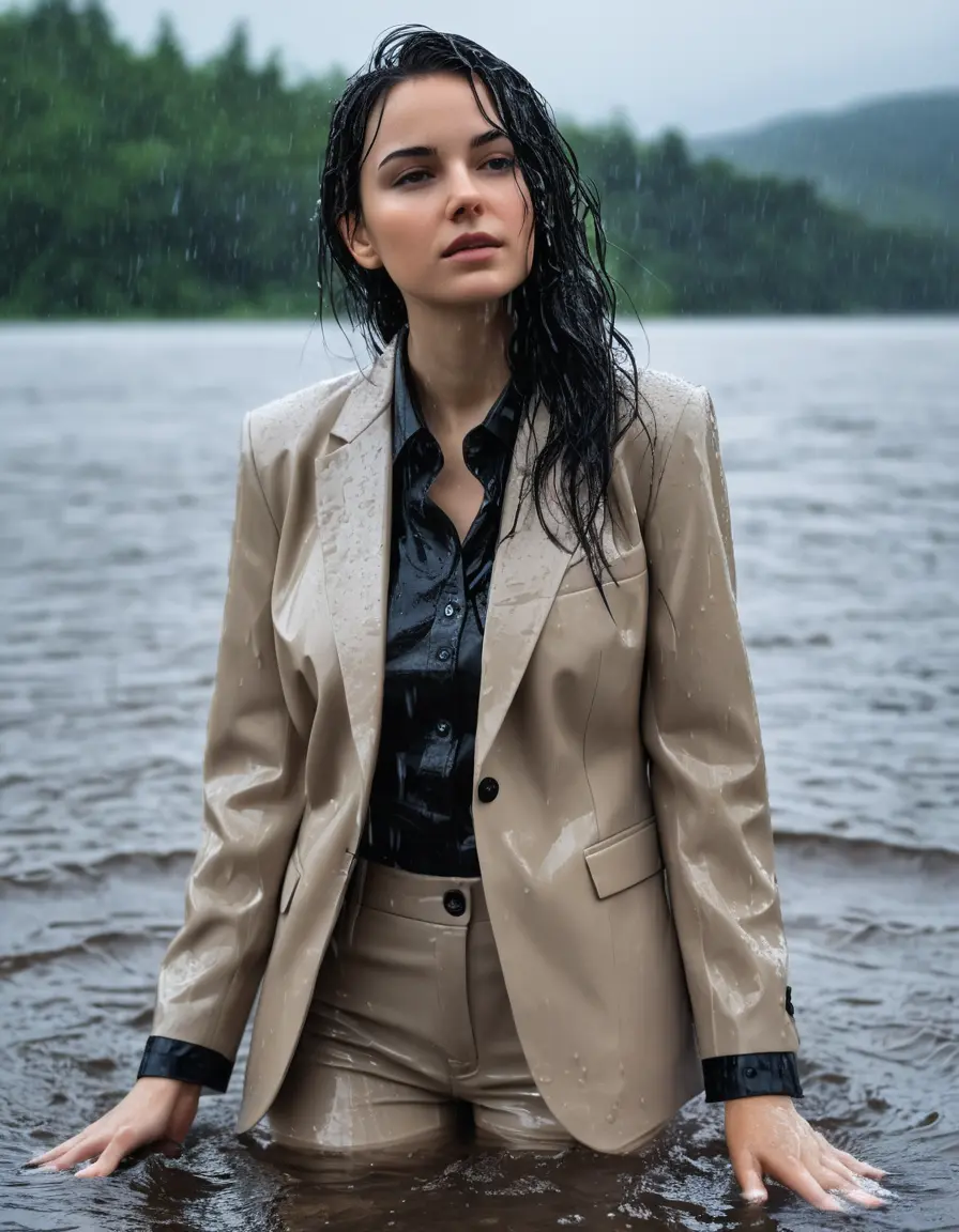 photo of young woman, in soaking wet, drenched clothes,
Beige Business Trouser, Beige Business Suit Jacket with black button down long sleeve business Shirt, Clear Mountain Lake with heavy rain, 
enjoying, wet clothes stuck to body,
detailed textures of the wet clothes, wet face, wet plastered hair,
wet, drenched, professional, high-quality details, full body view.
sharp focus, ultra-high pixel detail, realistic, high-quality, full colors, incredibly detailed, 4k, 8k, 16k, hyper-realistic, RAW photo, masterpiece, ultra-detailed, professionally color graded, professional photograph, young white Black haired woman, completely soaked, fully drenched, completely wet, wetlook, heavy rain, side parting, open hair, long hair, rain storm