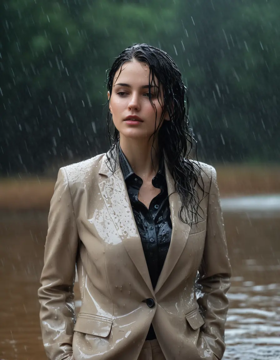 photo of young woman, in soaking wet, drenched clothes,
Beige Business Trouser, Beige Business Suit Jacket with black button down long sleeve business Shirt, Clear Mountain Lake with heavy rain, 
enjoying, wet clothes stuck to body,
detailed textures of the wet clothes, wet face, wet plastered hair,
wet, drenched, professional, high-quality details, full body view.
sharp focus, ultra-high pixel detail, realistic, high-quality, full colors, incredibly detailed, 4k, 8k, 16k, hyper-realistic, RAW photo, masterpiece, ultra-detailed, professionally color graded, professional photograph, young white Black haired woman, completely soaked, fully drenched, completely wet, wetlook, heavy rain, side parting, open hair, long hair, rain storm