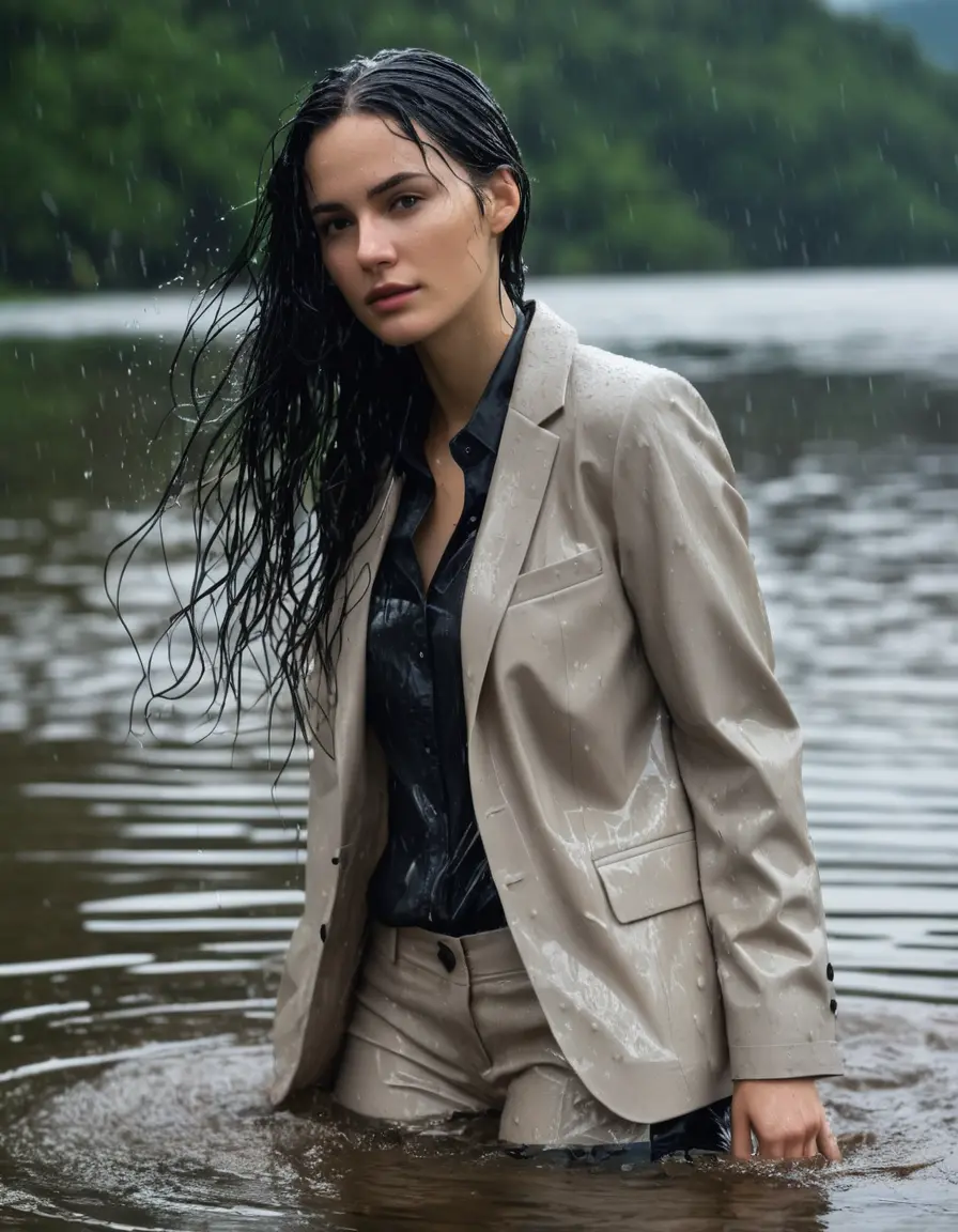 photo of young woman, in soaking wet, drenched clothes,
Beige Business Trouser, Beige Business Suit Jacket with black button down long sleeve business Shirt, Clear Mountain Lake with heavy rain, 
enjoying, wet clothes stuck to body,
detailed textures of the wet clothes, wet face, wet plastered hair,
wet, drenched, professional, high-quality details, full body view.
sharp focus, ultra-high pixel detail, realistic, high-quality, full colors, incredibly detailed, 4k, 8k, 16k, hyper-realistic, RAW photo, masterpiece, ultra-detailed, professionally color graded, professional photograph, young white Black haired woman, completely soaked, fully drenched, completely wet, wetlook, heavy rain, side parting, open hair, long hair, rain storm
