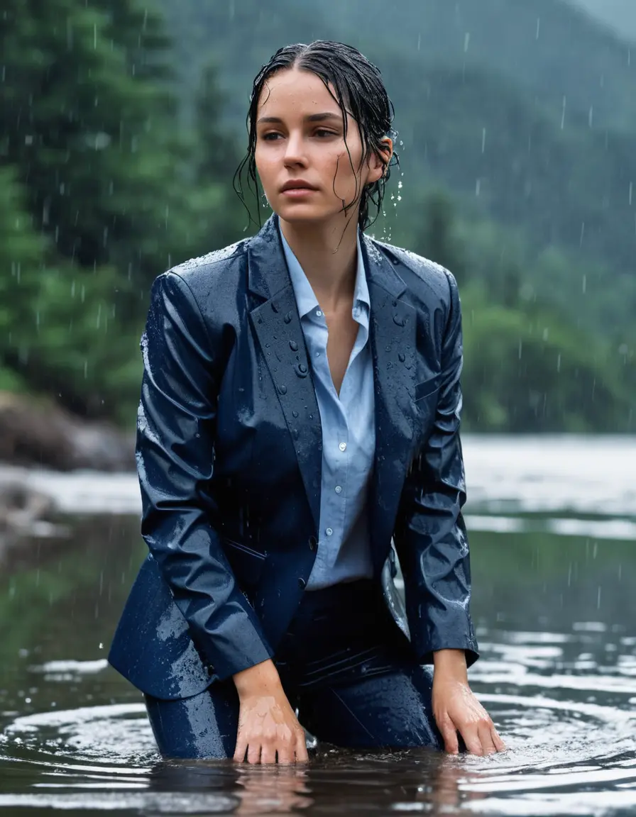 photo of young woman, in soaking wet, drenched clothes,
Dark Blue Business Trouser, Dark Blue Business Suit Jacket with light blue down long sleeve business Shirt, Clear Mountain Lake with heavy rain, 
enjoying, wet clothes stuck to body,
detailed textures of the wet clothes, wet face, wet plastered hair,
wet, drenched, professional, high-quality details, full body view.
sharp focus, ultra-high pixel detail, realistic, high-quality, full colors, incredibly detailed, 4k, 8k, 16k, hyper-realistic, RAW photo, masterpiece, ultra-detailed, professionally color graded, professional photograph, young white Black haired woman, completely soaked, fully drenched, completely wet, wetlook, heavy rain, side parting, open hair, long hair, rain storm