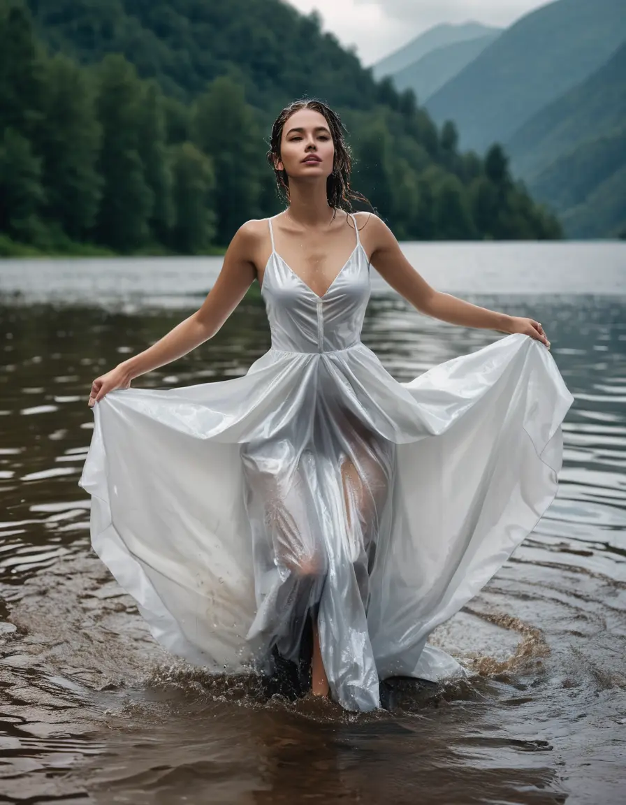photo of young woman, in soaking wet, drenched clothes,
Satin pumps, long Satin ballgown, white tank-top, Clear Mountain Lake with heavy rain, 
enjoying, wet clothes stuck to body,
detailed textures of the wet clothes, wet face, wet plastered hair,
wet, drenched, professional, high-quality details, full body view.
sharp focus, ultra-high pixel detail, realistic, high-quality, full colors, incredibly detailed, 4k, 8k, 16k, hyper-realistic, RAW photo, masterpiece, ultra-detailed, professionally color graded, professional photograph