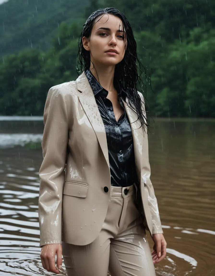 photo of young woman, in soaking wet, drenched clothes,
Beige Business Trouser, Beige Business Suit Jacket with black button down long sleeve business Shirt, Clear Mountain Lake with heavy rain, 
enjoying, wet clothes stuck to body,
detailed textures of the wet clothes, wet face, wet plastered hair,
wet, drenched, professional, high-quality details, full body view.
sharp focus, ultra-high pixel detail, realistic, high-quality, full colors, incredibly detailed, 4k, 8k, 16k, hyper-realistic, RAW photo, masterpiece, ultra-detailed, professionally color graded, professional photograph, young white Black haired woman, completely soaked, fully drenched, completely wet, wetlook, heavy rain, side parting, open hair, long hair, rain storm