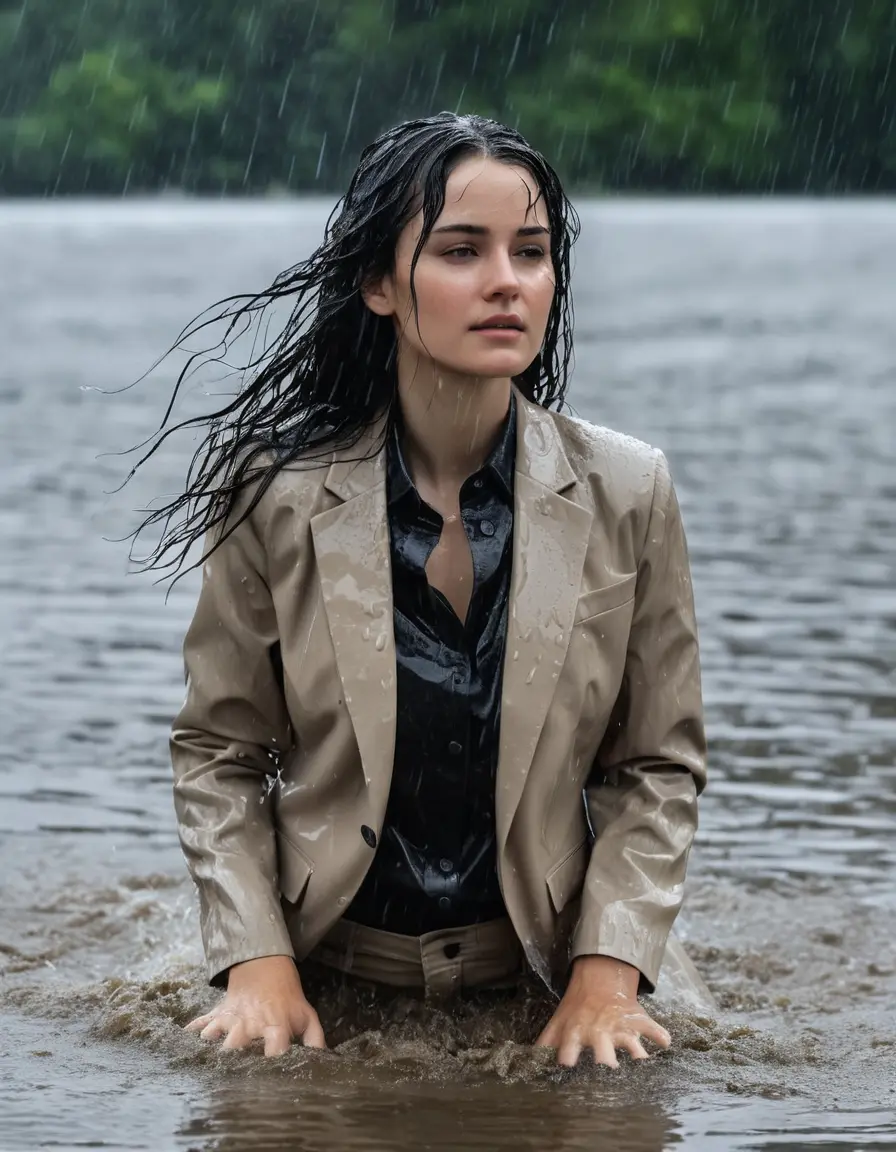 photo of young woman, in soaking wet, drenched clothes,
Beige Business Trouser, Beige Business Suit Jacket with black button down long sleeve business Shirt, Clear Mountain Lake with heavy rain, 
enjoying, wet clothes stuck to body,
detailed textures of the wet clothes, wet face, wet plastered hair,
wet, drenched, professional, high-quality details, full body view.
sharp focus, ultra-high pixel detail, realistic, high-quality, full colors, incredibly detailed, 4k, 8k, 16k, hyper-realistic, RAW photo, masterpiece, ultra-detailed, professionally color graded, professional photograph, young white Black haired woman, completely soaked, fully drenched, completely wet, wetlook, heavy rain, side parting, open hair, long hair, rain storm