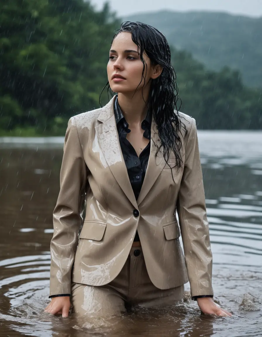 photo of young woman, in soaking wet, drenched clothes,
Beige Business Trouser, Beige Business Suit Jacket with black button down long sleeve business Shirt, Clear Mountain Lake with heavy rain, 
enjoying, wet clothes stuck to body,
detailed textures of the wet clothes, wet face, wet plastered hair,
wet, drenched, professional, high-quality details, full body view.
sharp focus, ultra-high pixel detail, realistic, high-quality, full colors, incredibly detailed, 4k, 8k, 16k, hyper-realistic, RAW photo, masterpiece, ultra-detailed, professionally color graded, professional photograph, young white Black haired woman, completely soaked, fully drenched, completely wet, wetlook, heavy rain, side parting, open hair, long hair, rain storm
