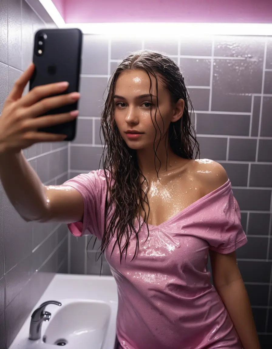 photo of young woman, in soaking wet, drenched clothes,
Bare, wet tight dress shining, pink cotton t-shirt short sleeves, Taking a selfie with a male ,Inside bathroom night ambient light and mood lights, 
enjoying, wet clothes stuck to body,
detailed textures of the wet clothes, wet face, wet plastered hair,
wet, drenched, professional, high-quality details, full body view.
sharp focus, ultra-high pixel detail, realistic, high-quality, full colors, incredibly detailed, 4k, 8k, 16k, hyper-realistic, RAW photo, masterpiece, ultra-detailed, professionally color graded, professional photograph