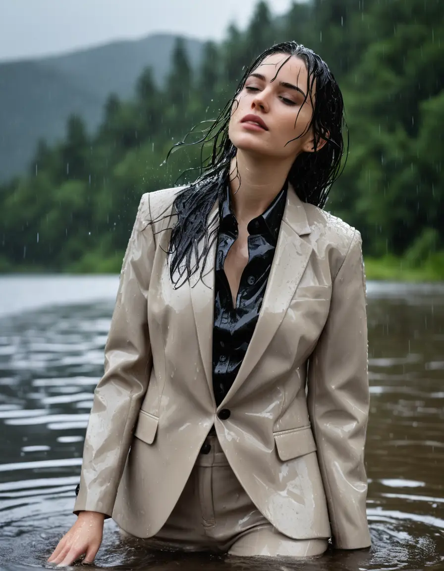 photo of young woman, in soaking wet, drenched clothes,
Beige Business Trouser, Beige Business Suit Jacket with black button down long sleeve business Shirt, Clear Mountain Lake with heavy rain, 
enjoying, wet clothes stuck to body,
detailed textures of the wet clothes, wet face, wet plastered hair,
wet, drenched, professional, high-quality details, full body view.
sharp focus, ultra-high pixel detail, realistic, high-quality, full colors, incredibly detailed, 4k, 8k, 16k, hyper-realistic, RAW photo, masterpiece, ultra-detailed, professionally color graded, professional photograph, young white Black haired woman, completely soaked, fully drenched, completely wet, wetlook, heavy rain, side parting, open hair, long hair, rain storm