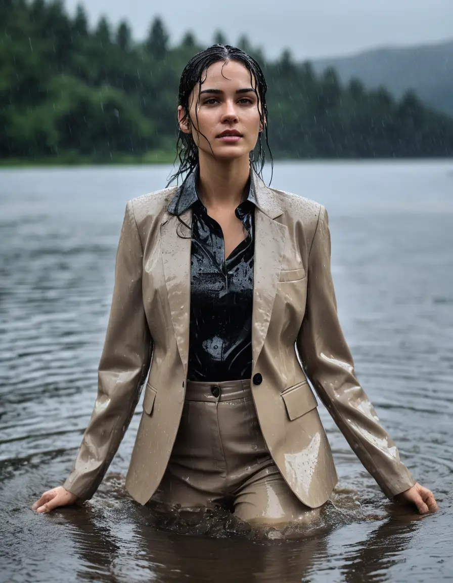 photo of young woman, in soaking wet, drenched clothes,
Beige Business Trouser, Beige Business Suit Jacket with black button down long sleeve business Shirt, Clear Mountain Lake with heavy rain, 
enjoying, wet clothes stuck to body,
detailed textures of the wet clothes, wet face, wet plastered hair,
wet, drenched, professional, high-quality details, full body view.
sharp focus, ultra-high pixel detail, realistic, high-quality, full colors, incredibly detailed, 4k, 8k, 16k, hyper-realistic, RAW photo, masterpiece, ultra-detailed, professionally color graded, professional photograph, young white Black haired woman, completely soaked, fully drenched, completely wet, wetlook, heavy rain, side parting, open hair, long hair, rain storm