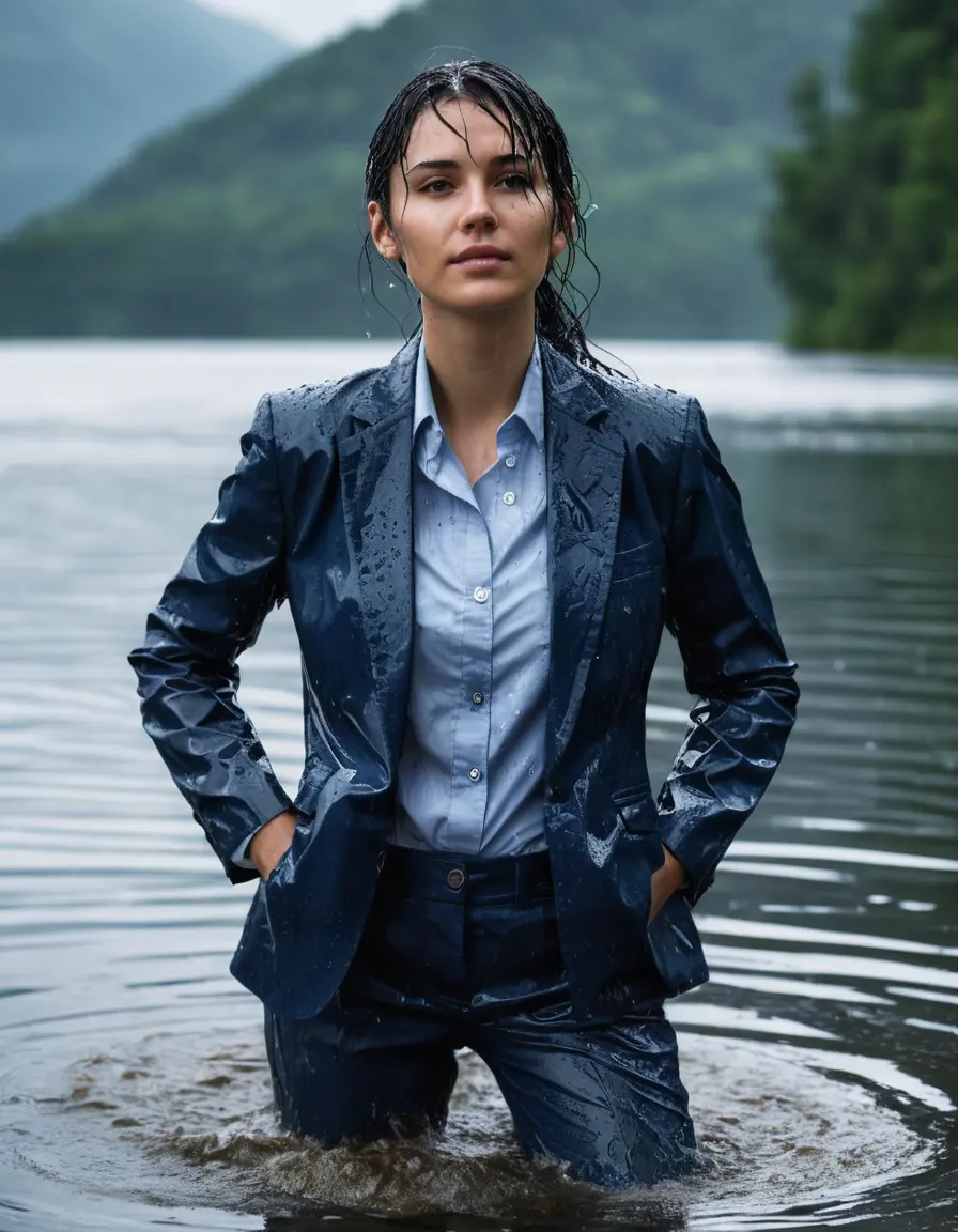 photo of young woman, in soaking wet, drenched clothes,
Dark Blue Business Trouser, Dark Blue Business Suit Jacket with light blue down long sleeve business Shirt, Clear Mountain Lake with heavy rain, 
enjoying, wet clothes stuck to body,
detailed textures of the wet clothes, wet face, wet plastered hair,
wet, drenched, professional, high-quality details, full body view.
sharp focus, ultra-high pixel detail, realistic, high-quality, full colors, incredibly detailed, 4k, 8k, 16k, hyper-realistic, RAW photo, masterpiece, ultra-detailed, professionally color graded, professional photograph, young white Black haired woman, completely soaked, fully drenched, completely wet, wetlook, heavy rain, side parting, open hair, long hair, rain storm