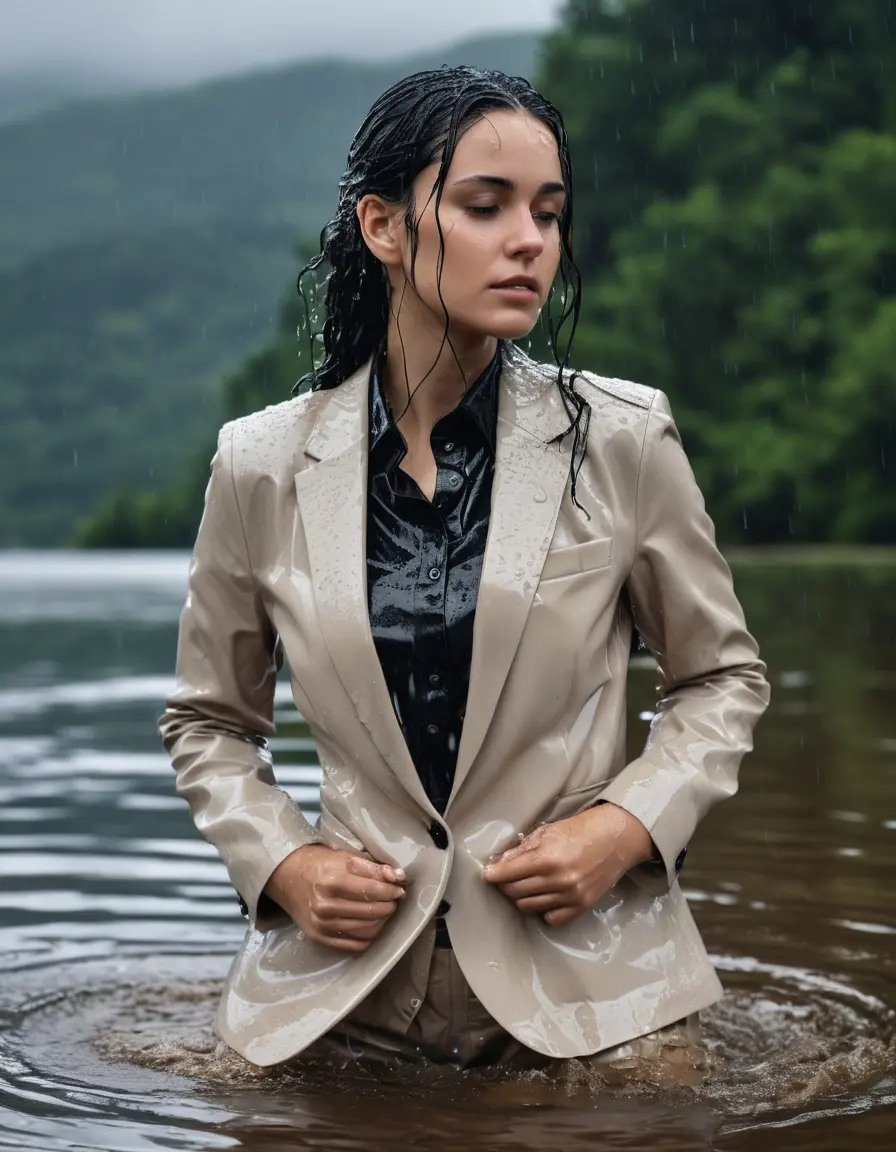 photo of young woman, in soaking wet, drenched clothes,
Beige Business Trouser, Beige Business Suit Jacket with black button down long sleeve business Shirt, Clear Mountain Lake with heavy rain, 
enjoying, wet clothes stuck to body,
detailed textures of the wet clothes, wet face, wet plastered hair,
wet, drenched, professional, high-quality details, full body view.
sharp focus, ultra-high pixel detail, realistic, high-quality, full colors, incredibly detailed, 4k, 8k, 16k, hyper-realistic, RAW photo, masterpiece, ultra-detailed, professionally color graded, professional photograph, young white Black haired woman, completely soaked, fully drenched, completely wet, wetlook, heavy rain, side parting, open hair, long hair, rain storm