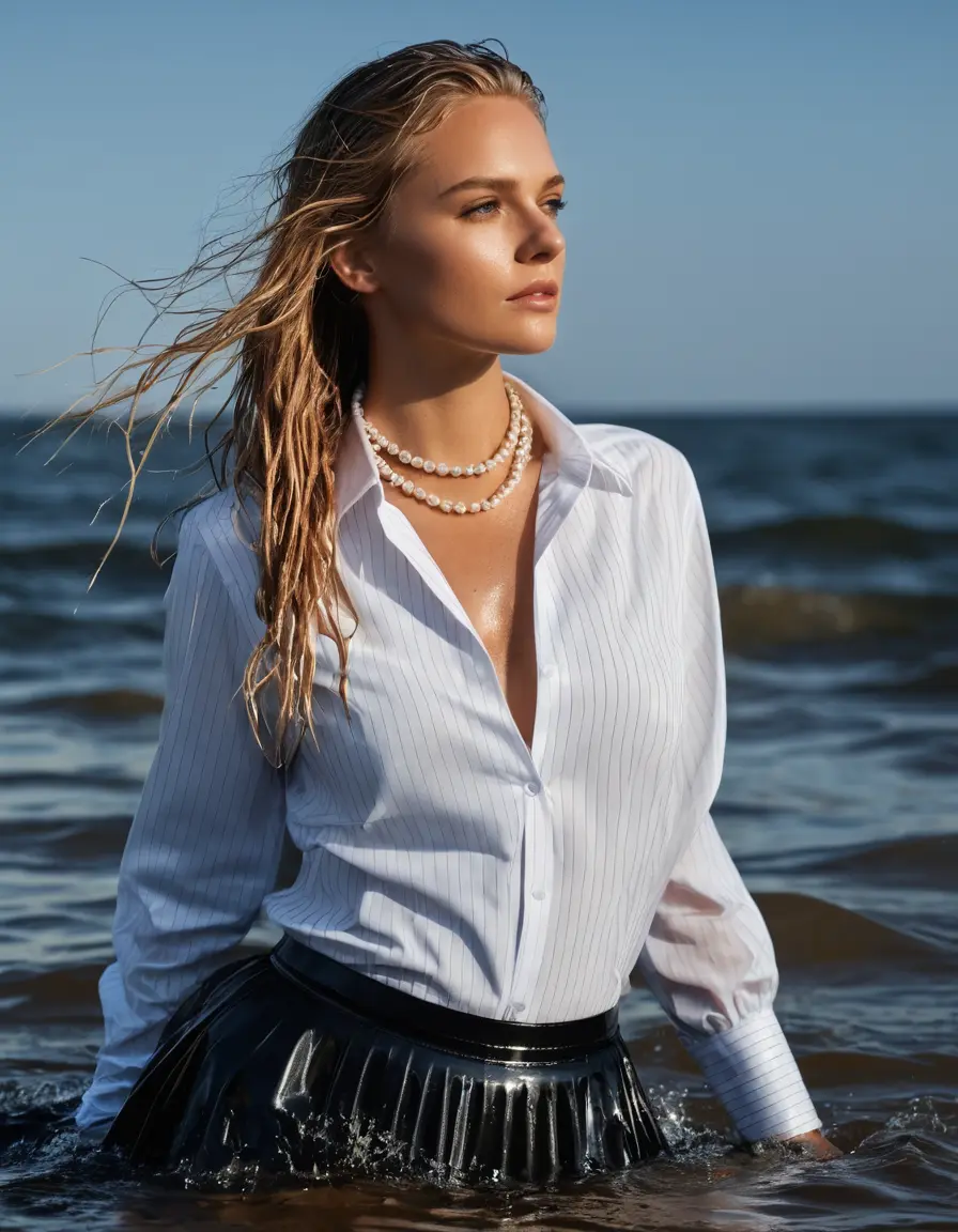 photo of young woman, in soaking wet, drenched clothes,
, black pinstriped skirt, {{white, most extreme high collar}} and long white french cuffs of a formal, long sleeved, pinstriped, shiny silver satin shirt, becoming transparent. three pearl necklaces, standing in a big transparent container filled of water at an rising level, 
enjoying, wet clothes stuck to body,
detailed textures of the wet clothes, wet face, wet plastered hair,
wet, drenched, professional, high-quality details, full body view.
sharp focus, ultra-high pixel detail, realistic, high-quality, full colors, incredibly detailed, 4k, 8k, 16k, hyper-realistic, RAW photo, masterpiece, ultra-detailed, professionally color graded, professional photograph, Professional closeup wet fetish shooting. a radiant, 33 year-old, beautiful, suntanned, seductive, posh woman with very long, golden hair. undressed by her identically dressed girl friend. focus on collar. professional photography. realistic, sharp focus, highly detailed textures, best quality, UHD, masterpiece.
