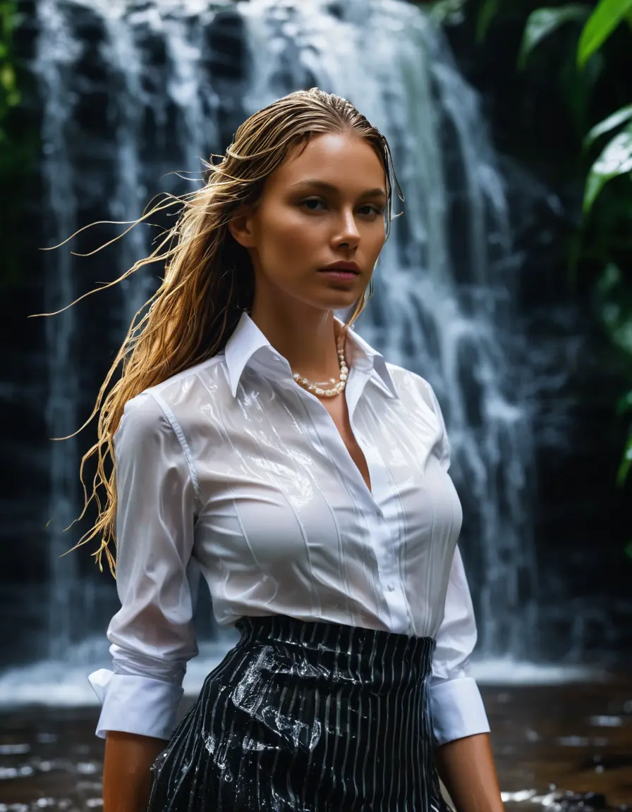 photo of young woman, in soaking wet, drenched clothes,
, black pinstriped skirt, {{white, most extreme high collar}} and long white french cuffs of a formal, long sleeved, pinstriped, shiny silver satin shirt, becoming transparent. three pearl necklaces, standing in a jungle water fall. the water runnig on her shirt., 
enjoying, wet clothes stuck to body,
detailed textures of the wet clothes, wet face, wet plastered hair,
wet, drenched, professional, high-quality details, full body view.
sharp focus, ultra-high pixel detail, realistic, high-quality, full colors, incredibly detailed, 4k, 8k, 16k, hyper-realistic, RAW photo, masterpiece, ultra-detailed, professionally color graded, professional photograph, Professional closeup wet fetish shooting. a radiant, 33 year-old, beautiful, suntanned, seductive, posh woman with very long, golden hair. focus on collar. professional photography. realistic, sharp focus, highly detailed textures, best quality, UHD, masterpiece.