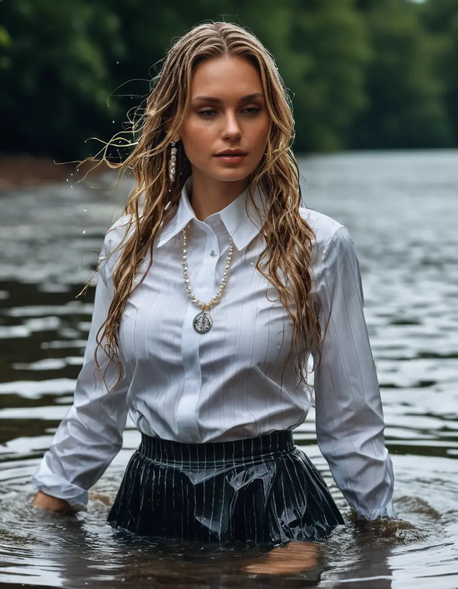 photo of young woman, in soaking wet, drenched clothes,
, black pinstriped skirt, {{white, most extreme high collar}} and long white french cuffs of a formal, long sleeved, pinstriped, shiny silver satin shirt, becoming transparent. three pearl necklaces, standing in a big transparent container filled of water at an rising level, 
enjoying, wet clothes stuck to body,
detailed textures of the wet clothes, wet face, wet plastered hair,
wet, drenched, professional, high-quality details, full body view.
sharp focus, ultra-high pixel detail, realistic, high-quality, full colors, incredibly detailed, 4k, 8k, 16k, hyper-realistic, RAW photo, masterpiece, ultra-detailed, professionally color graded, professional photograph, Professional wet fetish shooting. a radiant, 33 year-old, beautiful, suntanned, seductive, posh woman with very long, golden hair. hugged by her husband. focus on collar. professional photography. realistic, sharp focus, highly detailed textures, best quality, UHD, masterpiece.