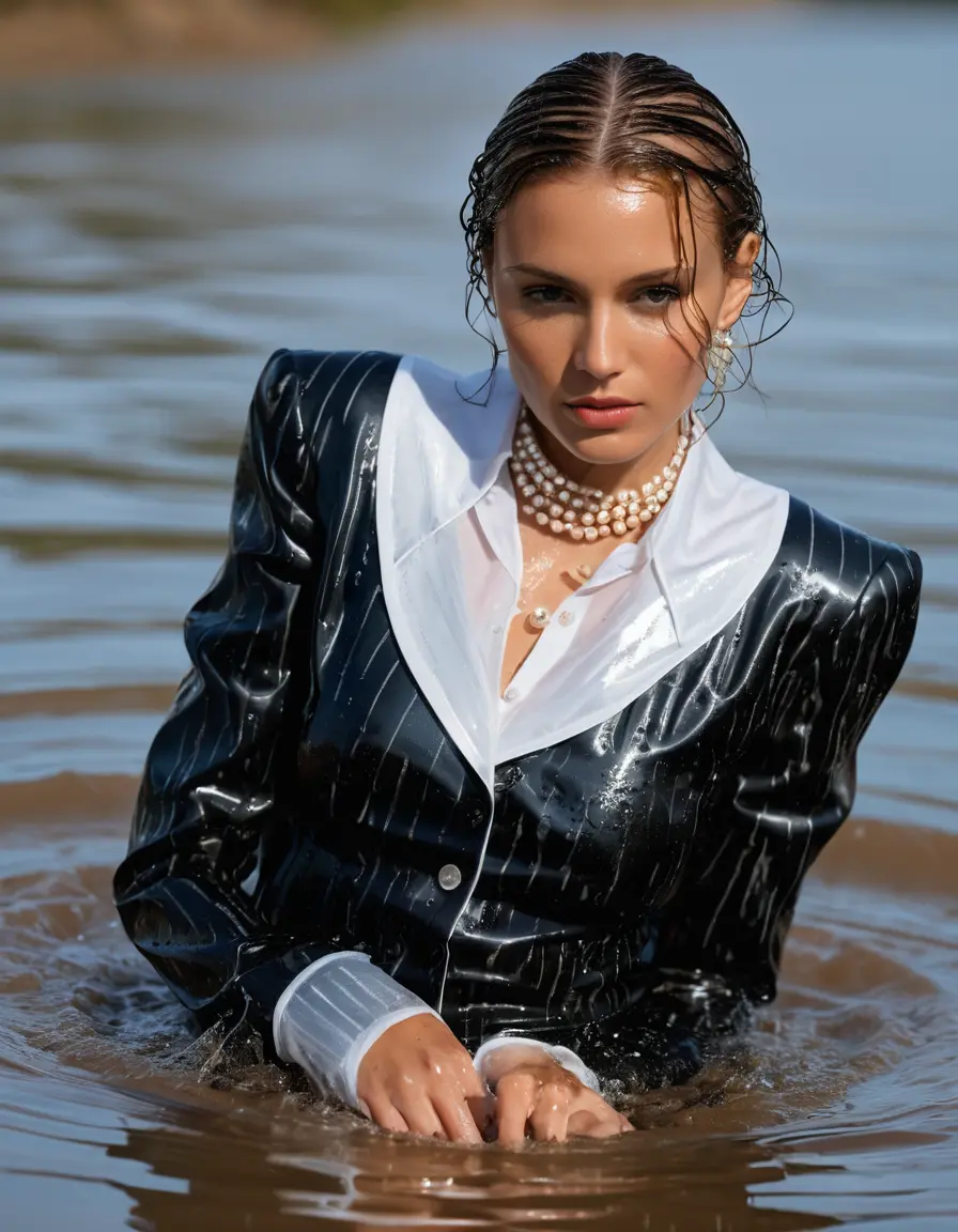 photo of young woman, in soaking wet, drenched clothes,
, black pinstriped skirt, {{white, most extreme high collar}} and long white french cuffs of a formal, long sleeved, pinstriped, shiny silver satin shirt, becoming transparent. three pearl necklaces, standing in a big transparent container filled of water at an rising level, 
enjoying, wet clothes stuck to body,
detailed textures of the wet clothes, wet face, wet plastered hair,
wet, drenched, professional, high-quality details, full body view.
sharp focus, ultra-high pixel detail, realistic, high-quality, full colors, incredibly detailed, 4k, 8k, 16k, hyper-realistic, RAW photo, masterpiece, ultra-detailed, professionally color graded, professional photograph, Professional closeup wet fetish shooting. a radiant, 33 year-old, beautiful, suntanned, seductive, posh woman with very long, golden hair. hugged by her identically dressed girl friend. focus on collar. professional photography. realistic, sharp focus, highly detailed textures, best quality, UHD, masterpiece.