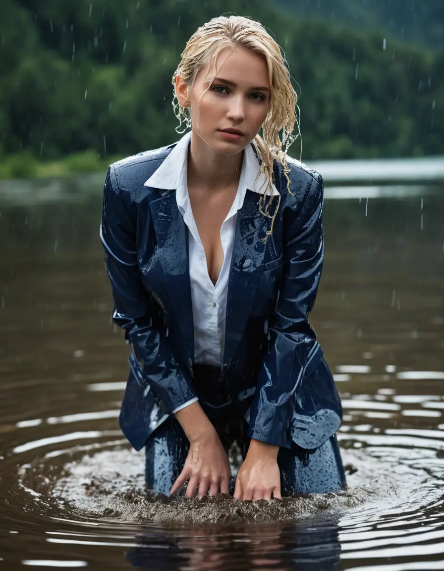 photo of young woman, in soaking wet, drenched clothes,
Dark Blue Business Trouser, Dark Blue Business Suit Jacket with white button down shirt, Clear Mountain lake with heavy rain, 
enjoying, wet clothes stuck to body,
detailed textures of the wet clothes, wet face, wet plastered hair,
wet, drenched, professional, high-quality details, full body view.
sharp focus, ultra-high pixel detail, realistic, high-quality, full colors, incredibly detailed, 4k, 8k, 16k, hyper-realistic, RAW photo, masterpiece, ultra-detailed, professionally color graded, professional photograph, young elegant white blonde haired beautiful women, breast deep submerged, under a big rainshower, fully clothed, completely soaked, fully drenched, completely wet, wetlook, heavy rain, side parting, open hair, long hair, rain storm, looks confidently into camera