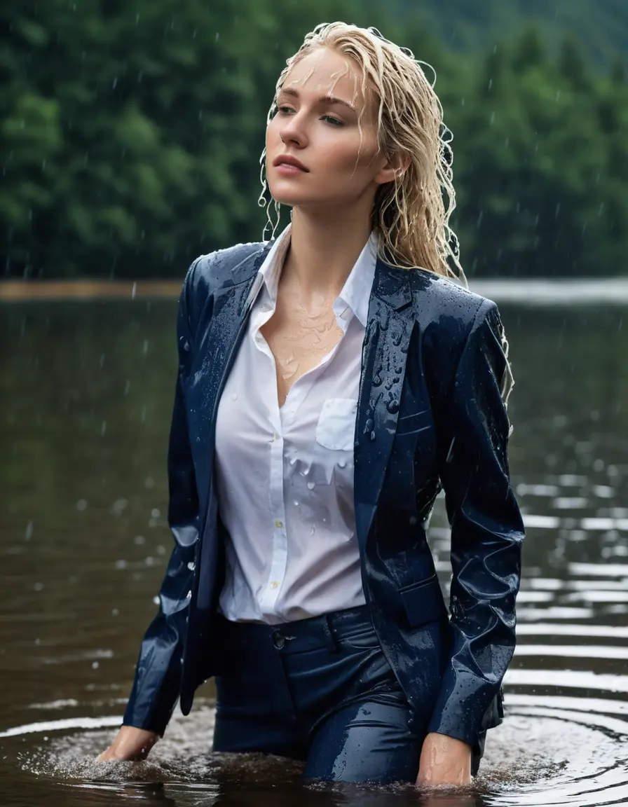 photo of young woman, in soaking wet, drenched clothes,
Dark Blue Business Trouser, Dark Blue Business Suit Jacket with white button down shirt, Clear Mountain lake with heavy rain, 
enjoying, wet clothes stuck to body,
detailed textures of the wet clothes, wet face, wet plastered hair,
wet, drenched, professional, high-quality details, full body view.
sharp focus, ultra-high pixel detail, realistic, high-quality, full colors, incredibly detailed, 4k, 8k, 16k, hyper-realistic, RAW photo, masterpiece, ultra-detailed, professionally color graded, professional photograph, young elegant white blonde haired beautiful women, breast deep submerged, under a big rainshower, fully clothed, completely soaked, fully drenched, completely wet, wetlook, heavy rain, side parting, open hair, long hair, rain storm, looks confidently into camera