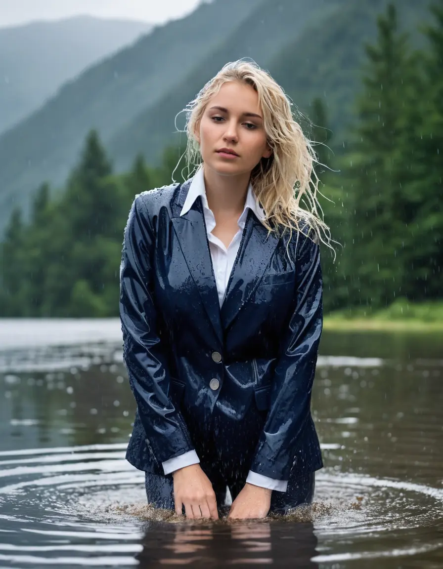 photo of young woman, in soaking wet, drenched clothes,
Dark Blue Business Trouser, Dark Blue Business Suit Jacket with white button down shirt, Clear Mountain lake with heavy rain, 
enjoying, wet clothes stuck to body,
detailed textures of the wet clothes, wet face, wet plastered hair,
wet, drenched, professional, high-quality details, full body view.
sharp focus, ultra-high pixel detail, realistic, high-quality, full colors, incredibly detailed, 4k, 8k, 16k, hyper-realistic, RAW photo, masterpiece, ultra-detailed, professionally color graded, professional photograph, young elegant white blonde haired beautiful women, breast deep submerged, under a big rainshower, fully clothed, completely soaked, fully drenched, completely wet, wetlook, heavy rain, side parting, open hair, long hair, rain storm, looks confidently into camera