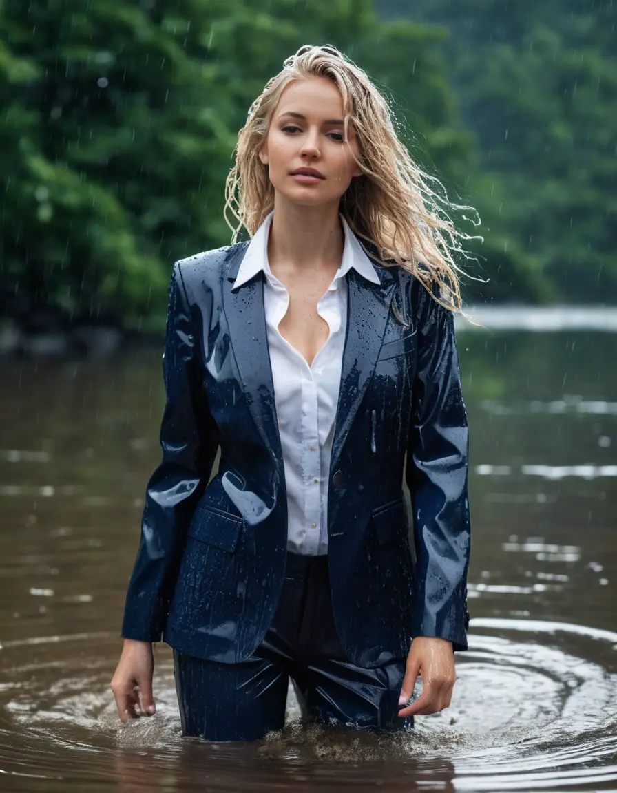 photo of young woman, in soaking wet, drenched clothes,
Dark Blue Business Trouser, Dark Blue Business Suit Jacket with white button down shirt, Clear Mountain lake with heavy rain, 
enjoying, wet clothes stuck to body,
detailed textures of the wet clothes, wet face, wet plastered hair,
wet, drenched, professional, high-quality details, full body view.
sharp focus, ultra-high pixel detail, realistic, high-quality, full colors, incredibly detailed, 4k, 8k, 16k, hyper-realistic, RAW photo, masterpiece, ultra-detailed, professionally color graded, professional photograph, young elegant white blonde haired beautiful women, breast deep submerged, under a big rainshower, fully clothed, completely soaked, fully drenched, completely wet, wetlook, heavy rain, side parting, open hair, long hair, rain storm, looks confidently into camera