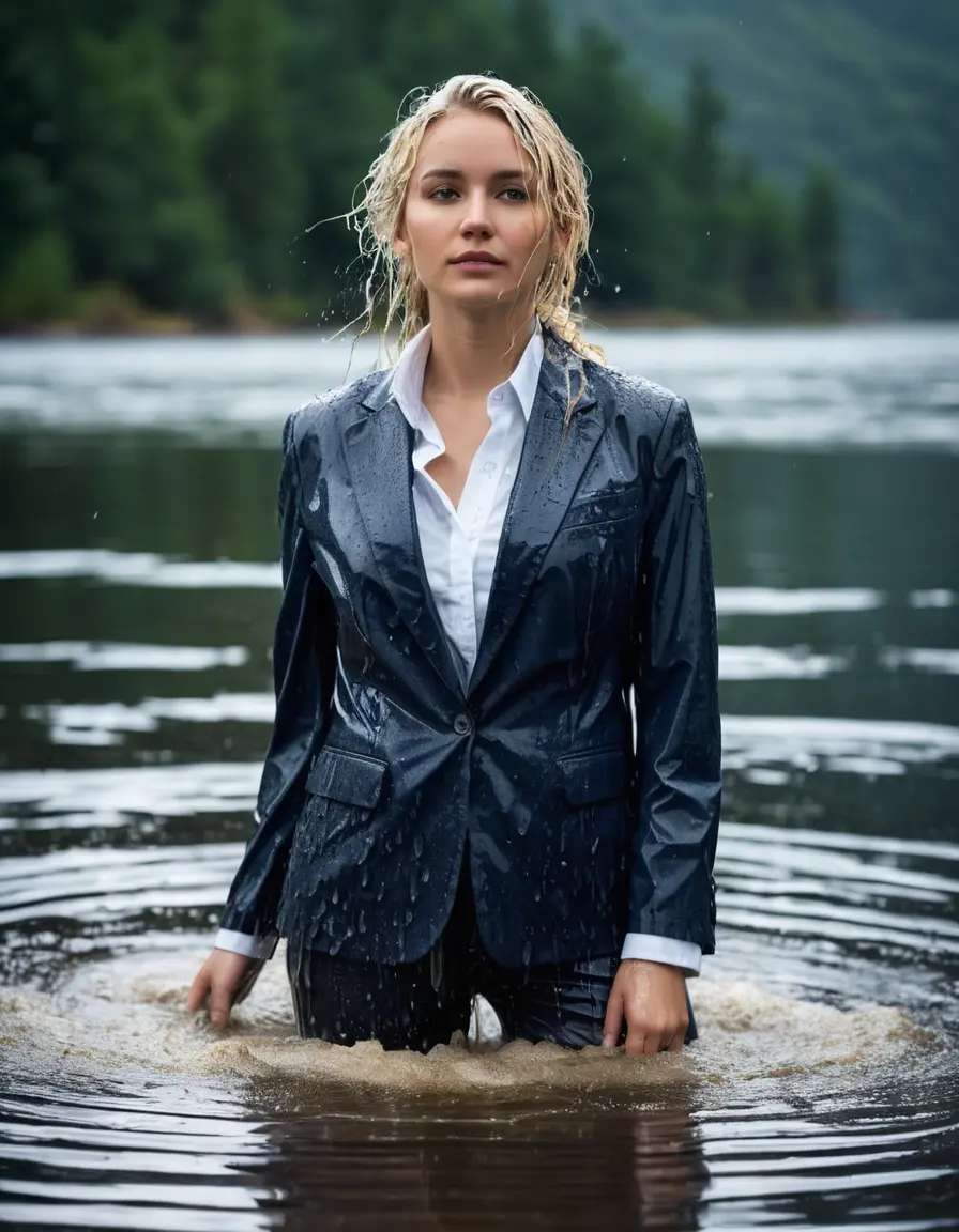 photo of young woman, in soaking wet, drenched clothes,
Dark Blue Business Trouser, Dark Blue Business Suit Jacket with white button down shirt, Clear Mountain lake with heavy rain, 
enjoying, wet clothes stuck to body,
detailed textures of the wet clothes, wet face, wet plastered hair,
wet, drenched, professional, high-quality details, full body view.
sharp focus, ultra-high pixel detail, realistic, high-quality, full colors, incredibly detailed, 4k, 8k, 16k, hyper-realistic, RAW photo, masterpiece, ultra-detailed, professionally color graded, professional photograph, young elegant white blonde haired beautiful women, breast deep submerged, under a big rainshower, fully clothed, completely soaked, fully drenched, completely wet, wetlook, heavy rain, side parting, open hair, long hair, rain storm, looks confidently into camera