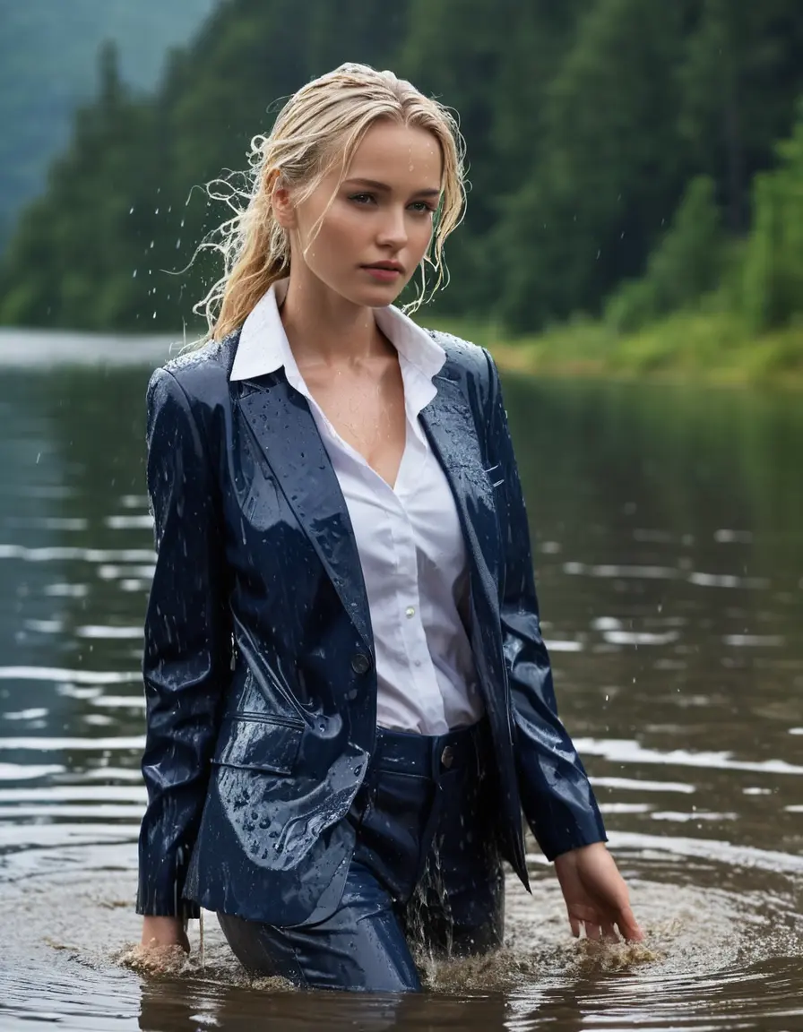 photo of young woman, in soaking wet, drenched clothes,
Dark Blue Business Trouser, Dark Blue Business Suit Jacket with white button down shirt, Clear Mountain lake with heavy rain, 
enjoying, wet clothes stuck to body,
detailed textures of the wet clothes, wet face, wet plastered hair,
wet, drenched, professional, high-quality details, full body view.
sharp focus, ultra-high pixel detail, realistic, high-quality, full colors, incredibly detailed, 4k, 8k, 16k, hyper-realistic, RAW photo, masterpiece, ultra-detailed, professionally color graded, professional photograph, young elegant white blonde haired beautiful women, breast deep submerged, under a big rainshower, fully clothed, completely soaked, fully drenched, completely wet, wetlook, heavy rain, side parting, open hair, long hair, rain storm, looks confidently into camera