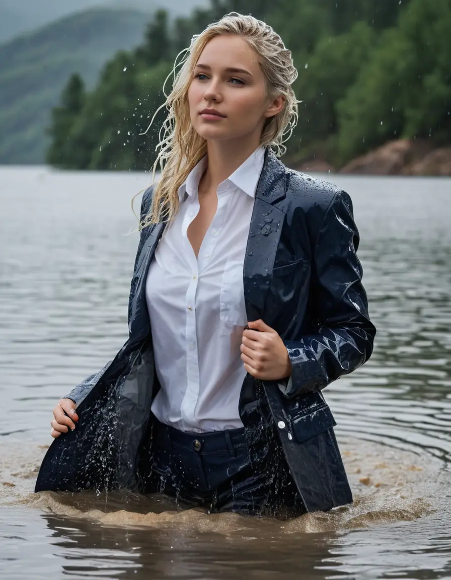 photo of young woman, in soaking wet, drenched clothes,
Dark Blue Business Trouser, Dark Blue Business Suit Jacket with white button down shirt, Clear Mountain lake with heavy rain, 
enjoying, wet clothes stuck to body,
detailed textures of the wet clothes, wet face, wet plastered hair,
wet, drenched, professional, high-quality details, full body view.
sharp focus, ultra-high pixel detail, realistic, high-quality, full colors, incredibly detailed, 4k, 8k, 16k, hyper-realistic, RAW photo, masterpiece, ultra-detailed, professionally color graded, professional photograph, young elegant white blonde haired beautiful women, breast deep submerged, under a big rainshower, fully clothed, completely soaked, fully drenched, completely wet, wetlook, heavy rain, side parting, open hair, long hair, rain storm, looks confidently into camera
