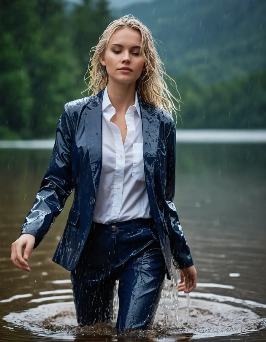 photo of young woman, in soaking wet, drenched clothes,
Dark Blue Business Trouser, Dark Blue Business Suit Jacket with white button down shirt, Clear Mountain lake with heavy rain, 
enjoying, wet clothes stuck to body,
detailed textures of the wet clothes, wet face, wet plastered hair,
wet, drenched, professional, high-quality details, full body view.
sharp focus, ultra-high pixel detail, realistic, high-quality, full colors, incredibly detailed, 4k, 8k, 16k, hyper-realistic, RAW photo, masterpiece, ultra-detailed, professionally color graded, professional photograph, young elegant white blonde haired beautiful women, breast deep submerged, under a big rainshower, fully clothed, completely soaked, fully drenched, completely wet, wetlook, heavy rain, side parting, open hair, long hair, rain storm, looks confidently into camera