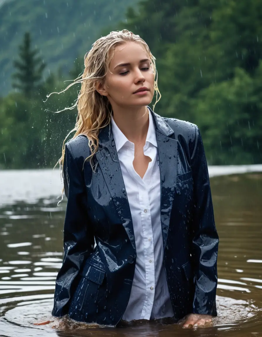 photo of young woman, in soaking wet, drenched clothes,
Dark Blue Business Trouser, Dark Blue Business Suit Jacket with white button down shirt, Clear Mountain lake with heavy rain, 
enjoying, wet clothes stuck to body,
detailed textures of the wet clothes, wet face, wet plastered hair,
wet, drenched, professional, high-quality details, full body view.
sharp focus, ultra-high pixel detail, realistic, high-quality, full colors, incredibly detailed, 4k, 8k, 16k, hyper-realistic, RAW photo, masterpiece, ultra-detailed, professionally color graded, professional photograph, young elegant white blonde haired beautiful women, breast deep submerged, under a big rainshower, fully clothed, completely soaked, fully drenched, completely wet, wetlook, heavy rain, side parting, open hair, long hair, rain storm, looks confidently into camera