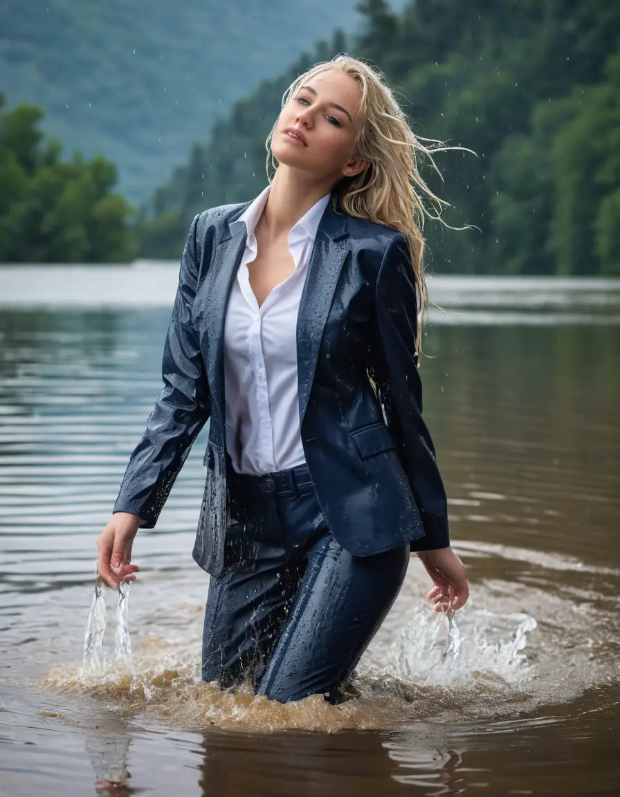 photo of young woman, in soaking wet, drenched clothes,
Dark Blue Business Trouser, Dark Blue Business Suit Jacket with white button down shirt, Clear Mountain lake with heavy rain, 
enjoying, wet clothes stuck to body,
detailed textures of the wet clothes, wet face, wet plastered hair,
wet, drenched, professional, high-quality details, full body view.
sharp focus, ultra-high pixel detail, realistic, high-quality, full colors, incredibly detailed, 4k, 8k, 16k, hyper-realistic, RAW photo, masterpiece, ultra-detailed, professionally color graded, professional photograph, young elegant white blonde haired beautiful women, breast deep submerged, under a big rainshower, fully clothed, completely soaked, fully drenched, completely wet, wetlook, heavy rain, side parting, open hair, long hair, rain storm, looks confidently into camera
