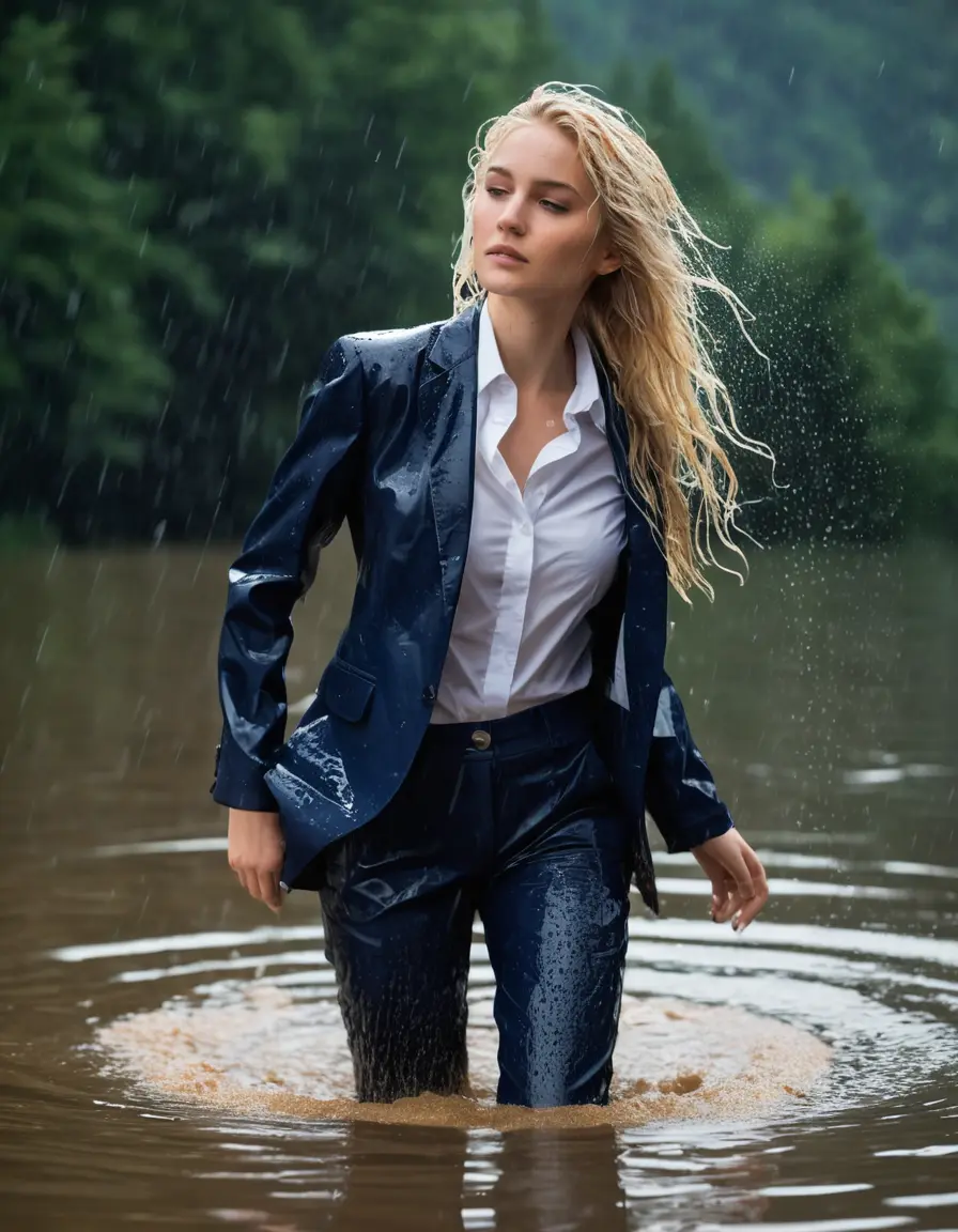 photo of young woman, in soaking wet, drenched clothes,
Dark Blue Business Trouser, Dark Blue Business Suit Jacket with white button down shirt, Clear Mountain lake with heavy rain, 
enjoying, wet clothes stuck to body,
detailed textures of the wet clothes, wet face, wet plastered hair,
wet, drenched, professional, high-quality details, full body view.
sharp focus, ultra-high pixel detail, realistic, high-quality, full colors, incredibly detailed, 4k, 8k, 16k, hyper-realistic, RAW photo, masterpiece, ultra-detailed, professionally color graded, professional photograph, young elegant white blonde haired beautiful women, breast deep submerged, under a big rainshower, fully clothed, completely soaked, fully drenched, completely wet, wetlook, heavy rain, side parting, open hair, long hair, rain storm, looks confidently into camera
