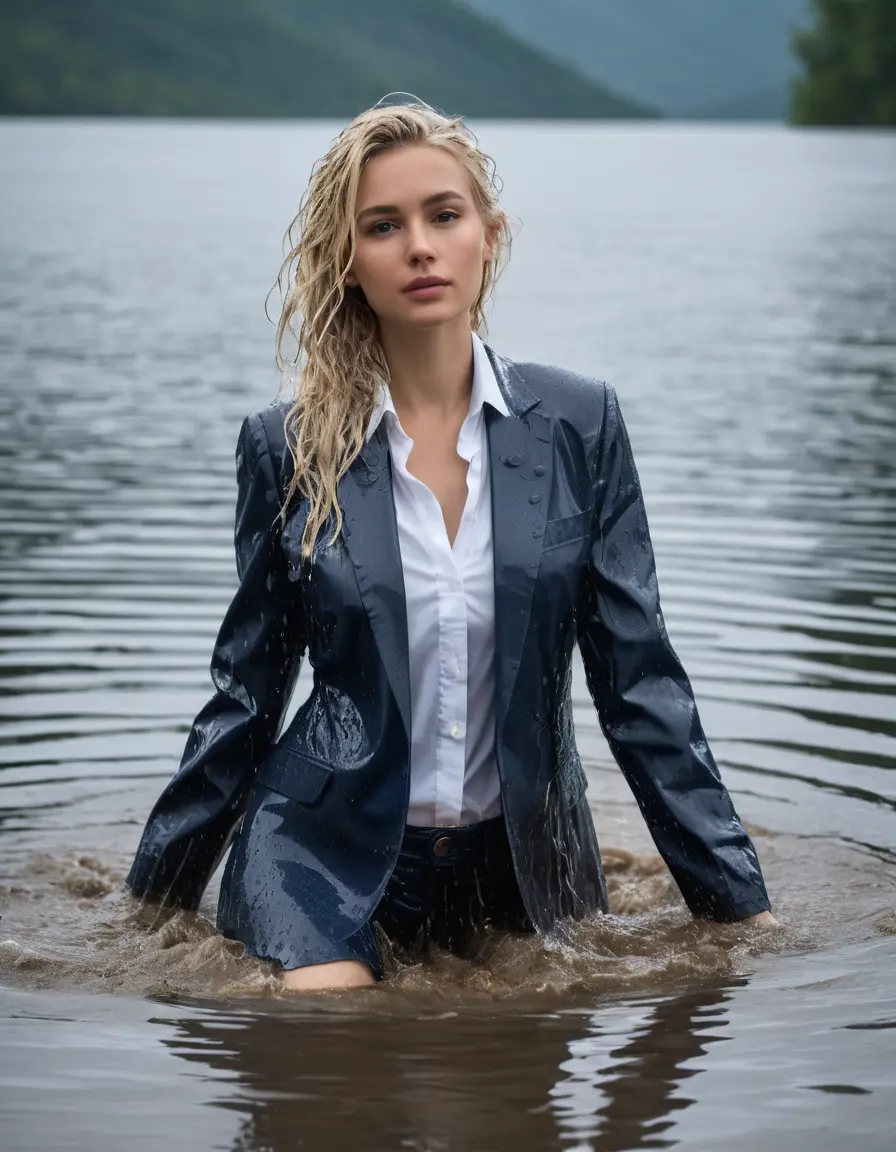 photo of young woman, in soaking wet, drenched clothes,
Dark Blue Business Trouser, Dark Blue Business Suit Jacket with white button down shirt, Clear Mountain lake with heavy rain, 
enjoying, wet clothes stuck to body,
detailed textures of the wet clothes, wet face, wet plastered hair,
wet, drenched, professional, high-quality details, full body view.
sharp focus, ultra-high pixel detail, realistic, high-quality, full colors, incredibly detailed, 4k, 8k, 16k, hyper-realistic, RAW photo, masterpiece, ultra-detailed, professionally color graded, professional photograph, young elegant white blonde haired beautiful women, breast deep submerged, under a big rainshower, fully clothed, completely soaked, fully drenched, completely wet, wetlook, heavy rain, side parting, open hair, long hair, rain storm, looks confidently into camera
